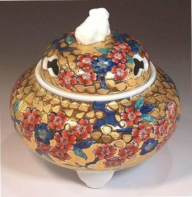 Gilt Japanese Imari Porcelain Incense Burner by Master Artist, 'Cherry Blossom Serie'