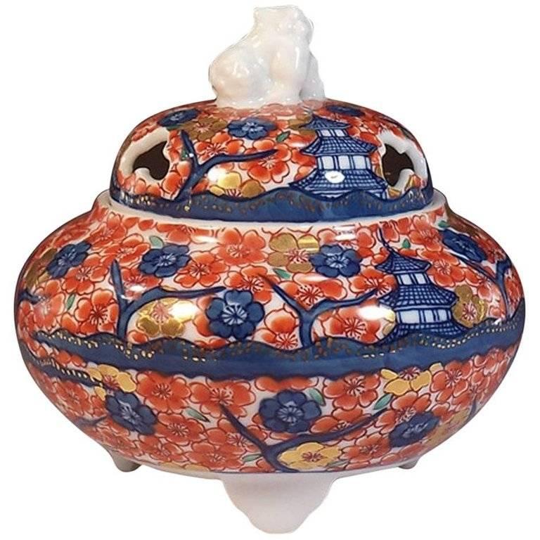 Japanese Imari Porcelain Incense Burner by Master Artist, 'Cherry