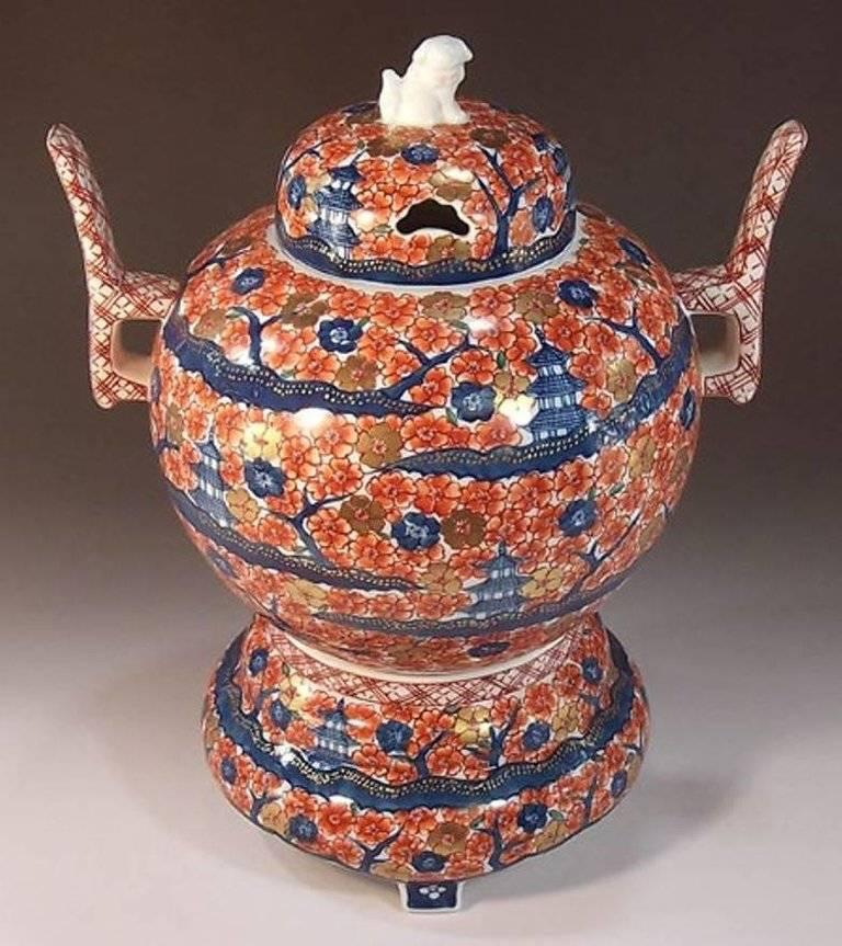 Contemporary Japanese Imari Porcelain Incense Burner by Master Artist, 'Cherry Blossom Serie'