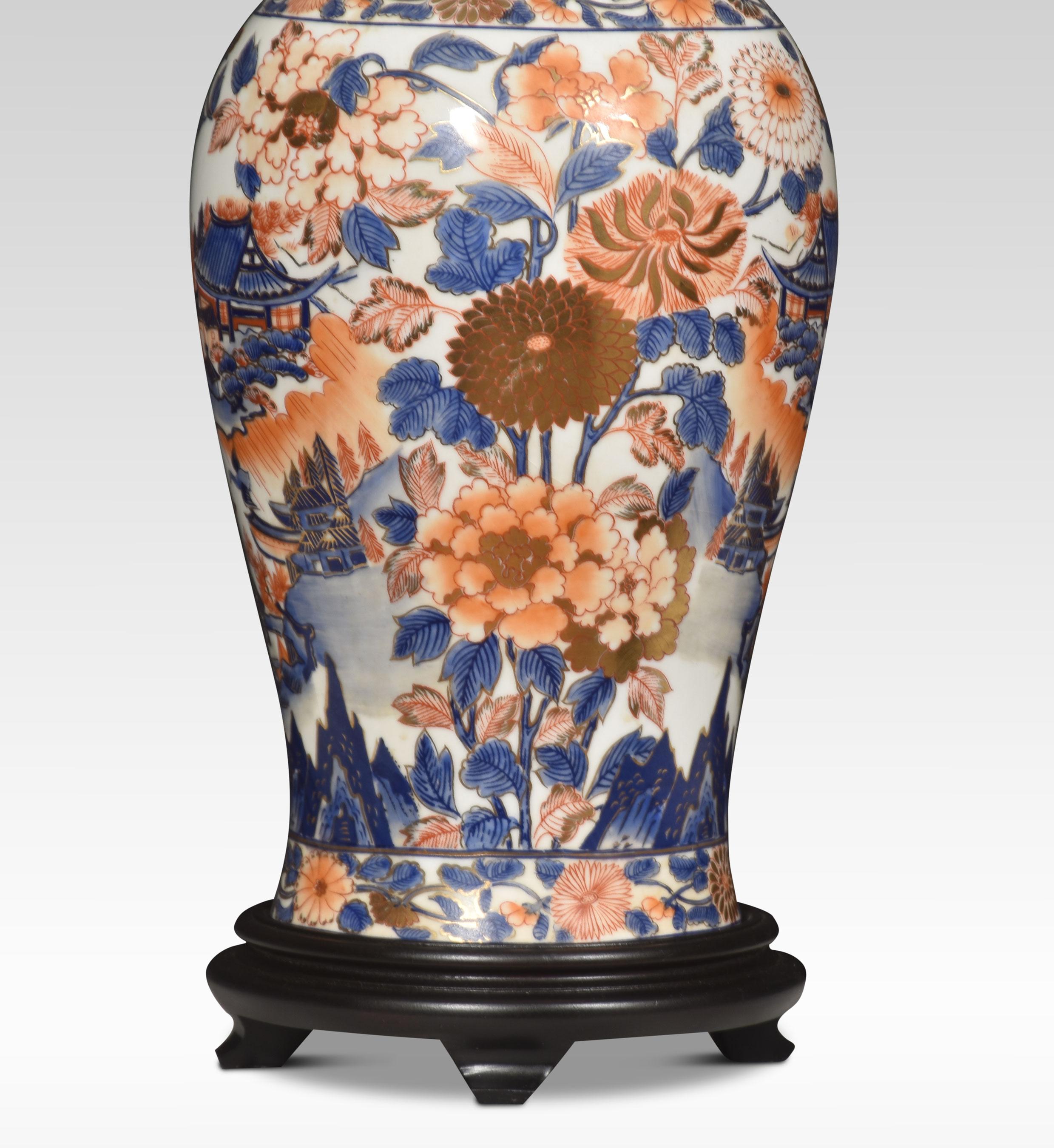 Japanese Imari porcelain vase converted to a table lamp, raised up on ebonised base.
Dimensions
Height 19 Inches
Width 7.5 Inches
Depth 7.5 Inches.