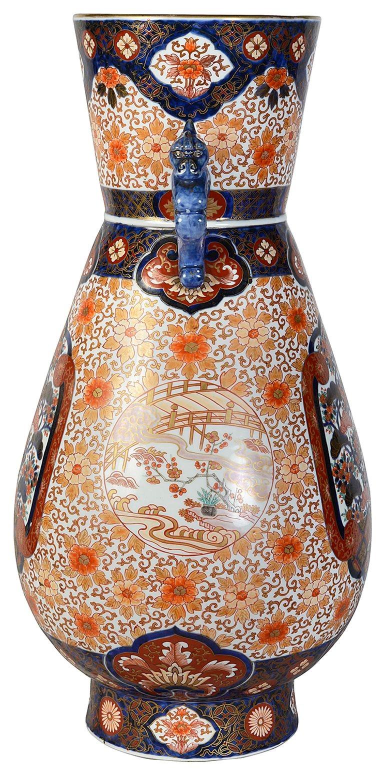 Hand-Painted Japanese Imari two handle vase, 61cm, 19th Century For Sale