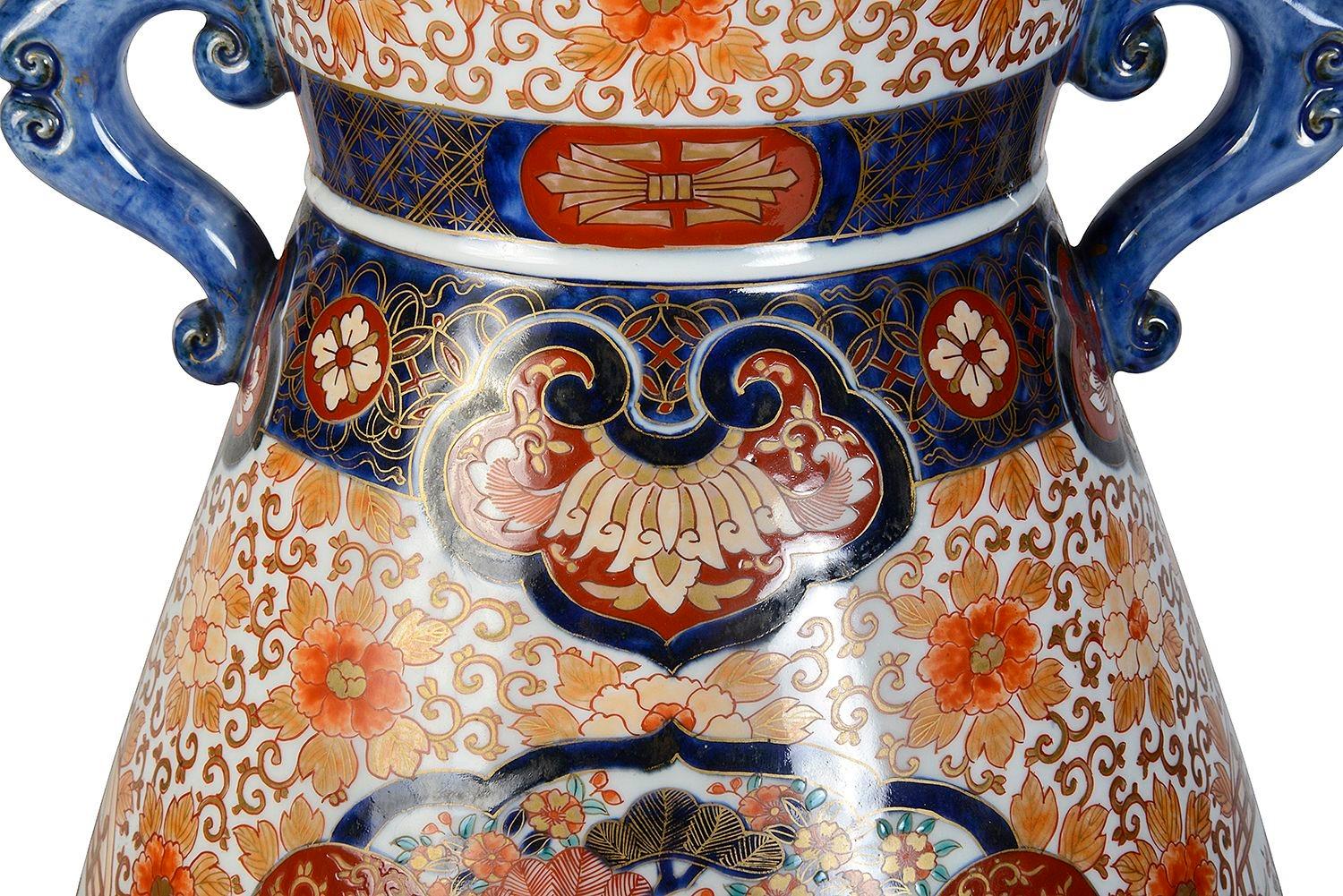 Porcelain Japanese Imari two handle vase, 61cm, 19th Century For Sale