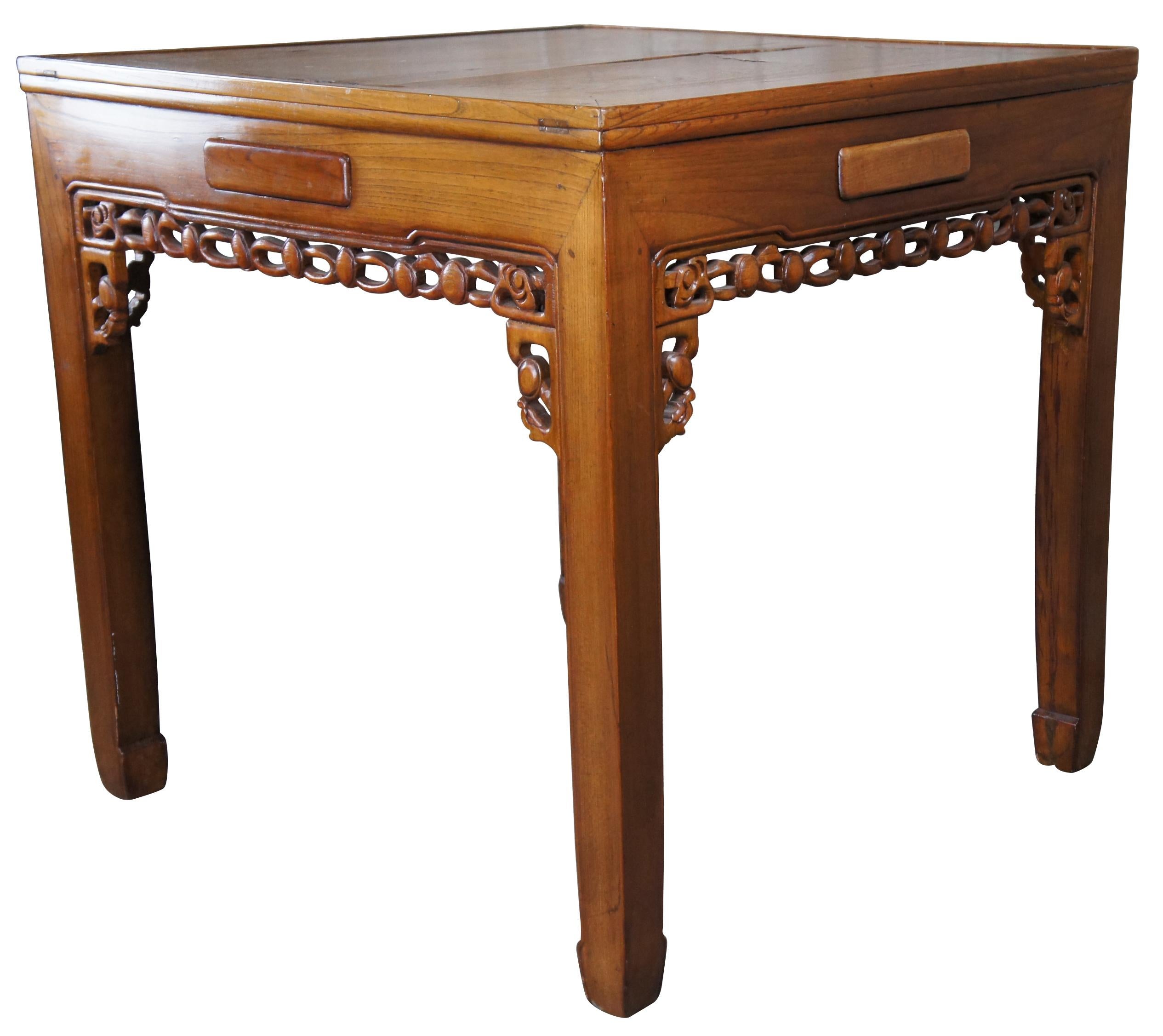 Japanese Imperial Meiji Style Elm Carved Chinoiserie Mahjong Dining Game Table In Good Condition In Dayton, OH