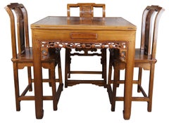 Japanese Imperial Meiji Style Elm Carved Chinoiserie Mahjong Game Table & Chairs