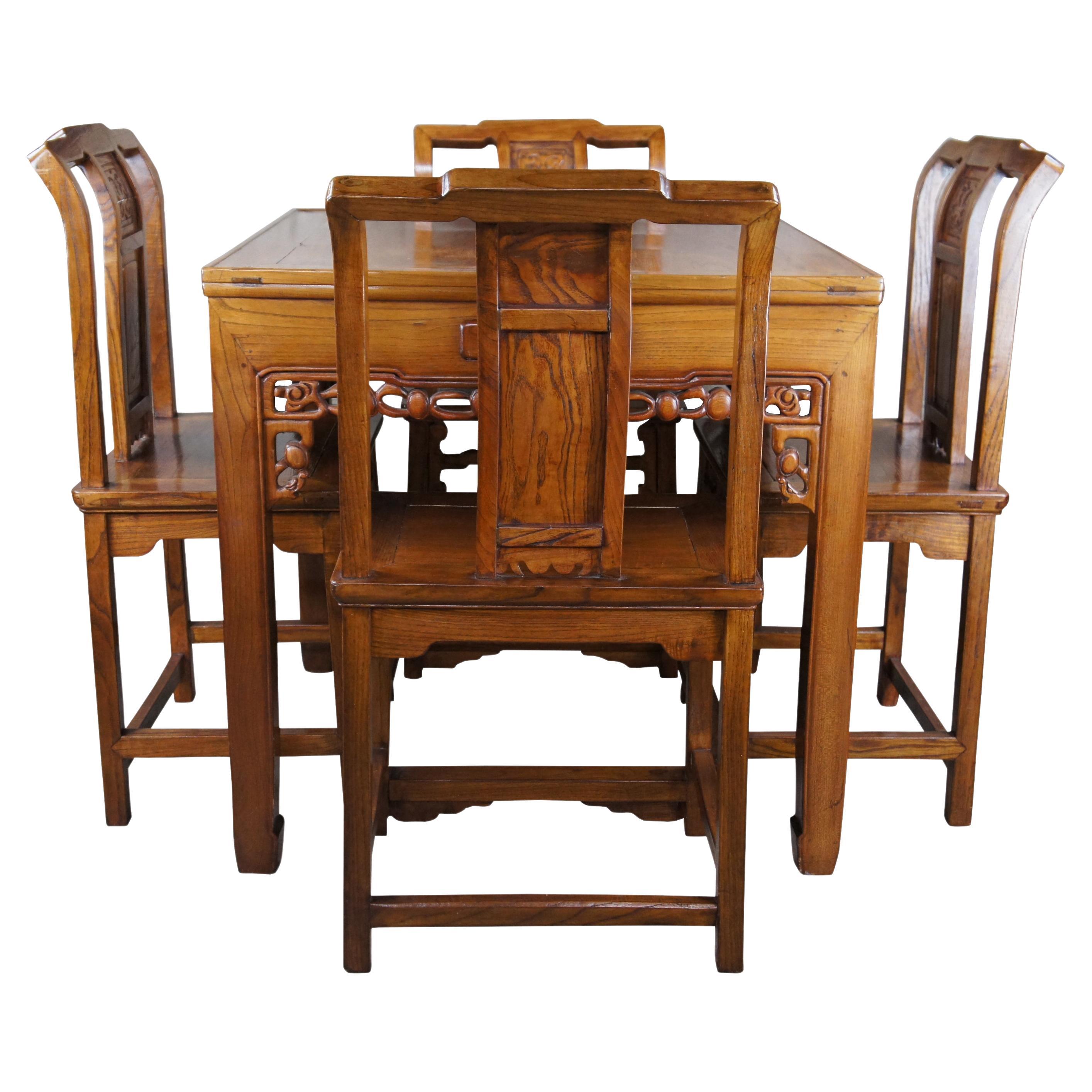 Japanese Imperial Meiji Style Elm Carved Chinoiserie Mahjong Game Table & Chairs