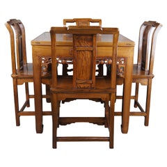 Vintage Japanese Imperial Meiji Style Elm Carved Chinoiserie Mahjong Game Table & Chairs