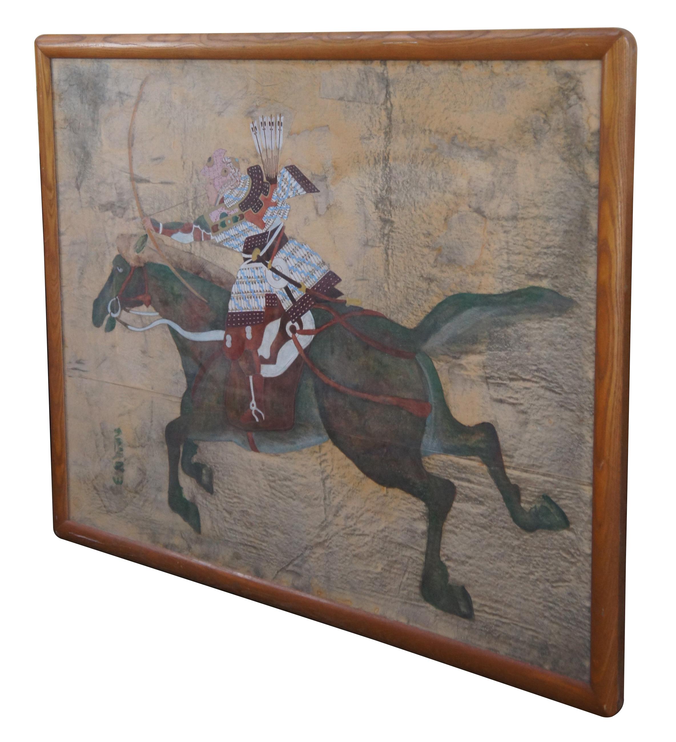Monumental antique Japanese imperial hunt / war / battle watercolor painting of Minamoto on Horseback. The Samurai warrior Minamoto is shown with his equestrian prowess, in full armor riding his horse about to fire his bamboo bow. One of the stories