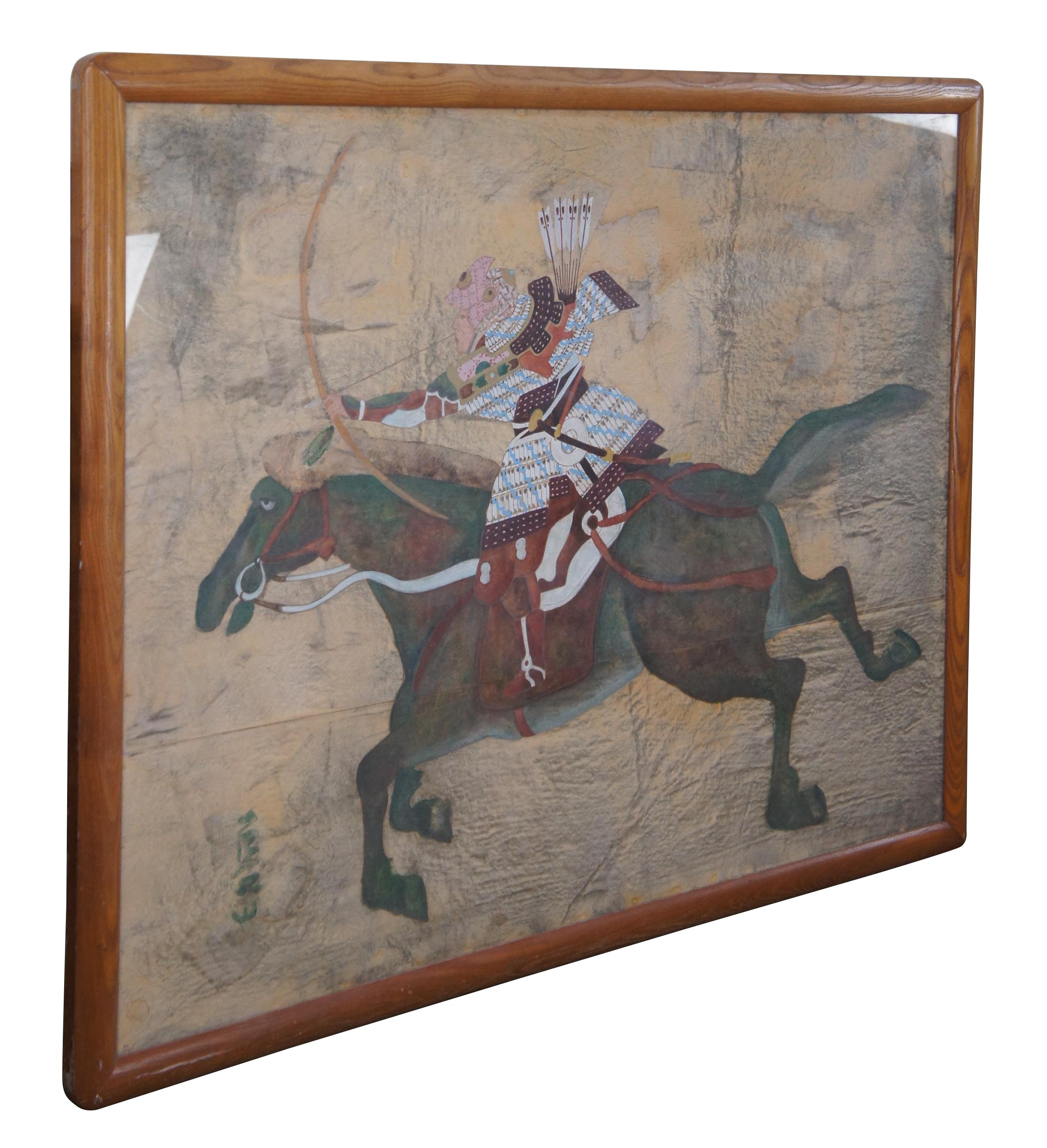Japonisme Japanese Imperial Samurai Warrior Minamoto Horseback Watercolor Painting For Sale