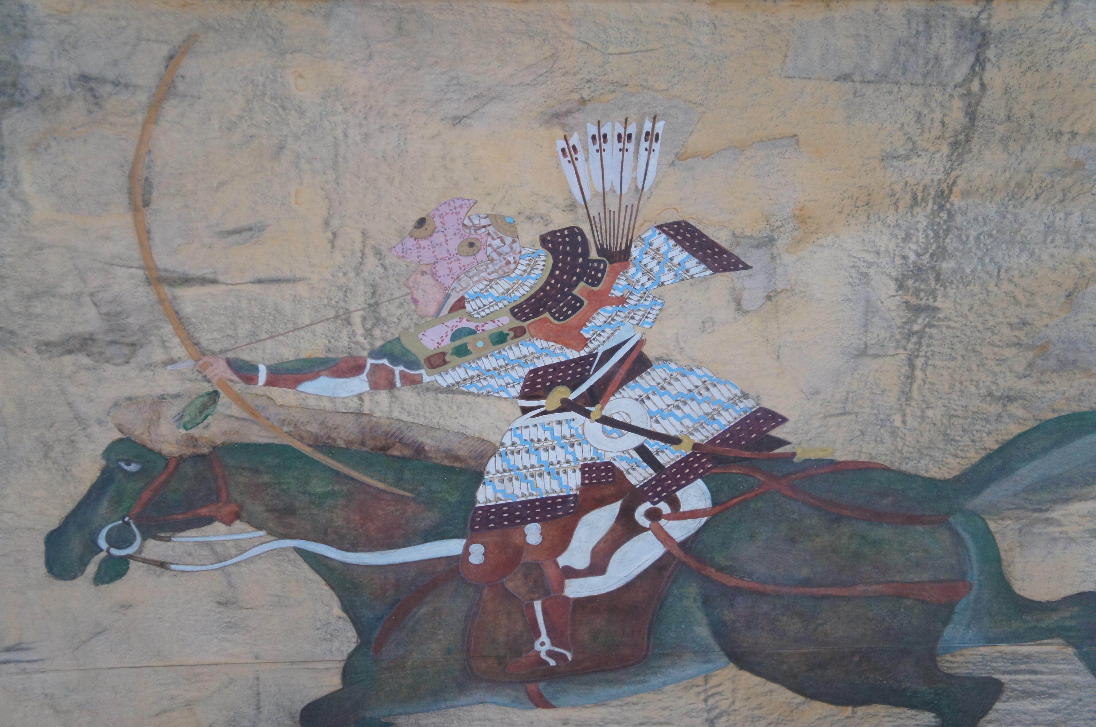 Japanese Imperial Samurai Warrior Minamoto Horseback Watercolor Painting For Sale 1