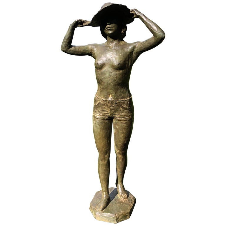 Japanese Important Bronze Lady With A Newport Hat  For Sale