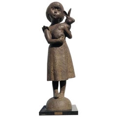 Japanese Stunning Tall Antique Bronze Girl With Rabbit , Signed