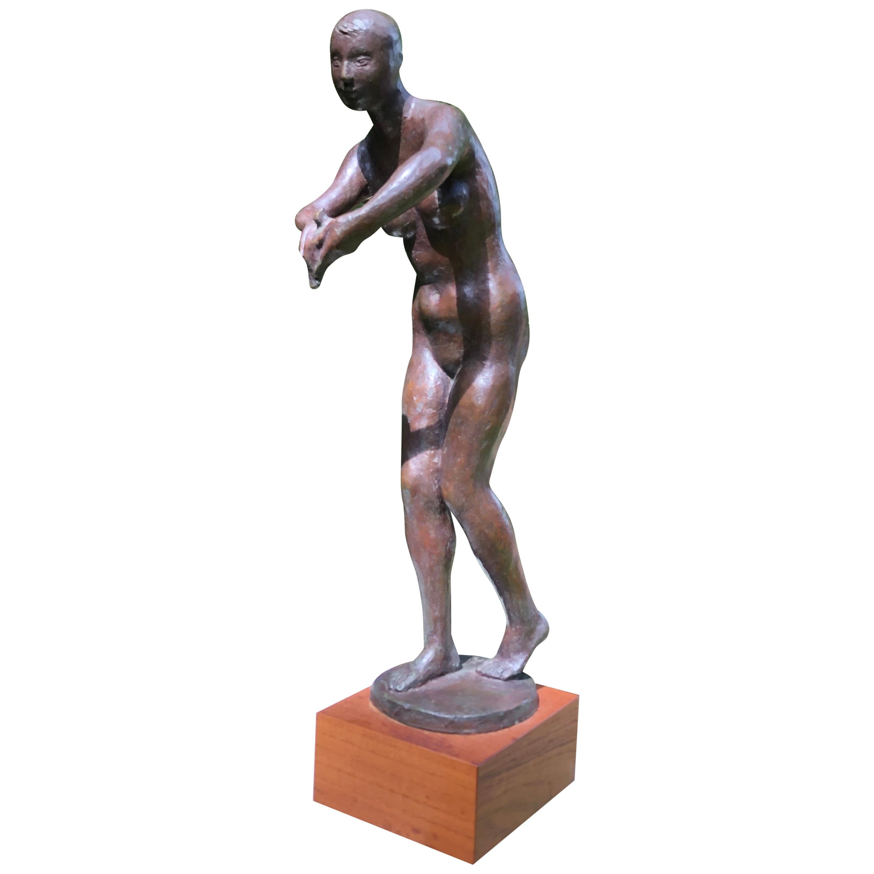 Bronze "Woman with Dove” Midcentury Sculptor Signed