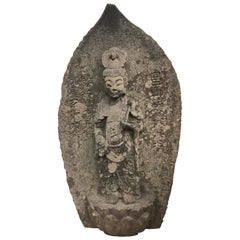 Japanese Important Stone Kanon Guan Yin Beautiful Face & Adoration Pose