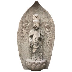 Japanese Important Stone Kanon Guan Yin Beautiful Face and Adoration Pose