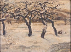 Japanese Impressionist Painting of Trees in Snow By S Kitayama Dated 1912