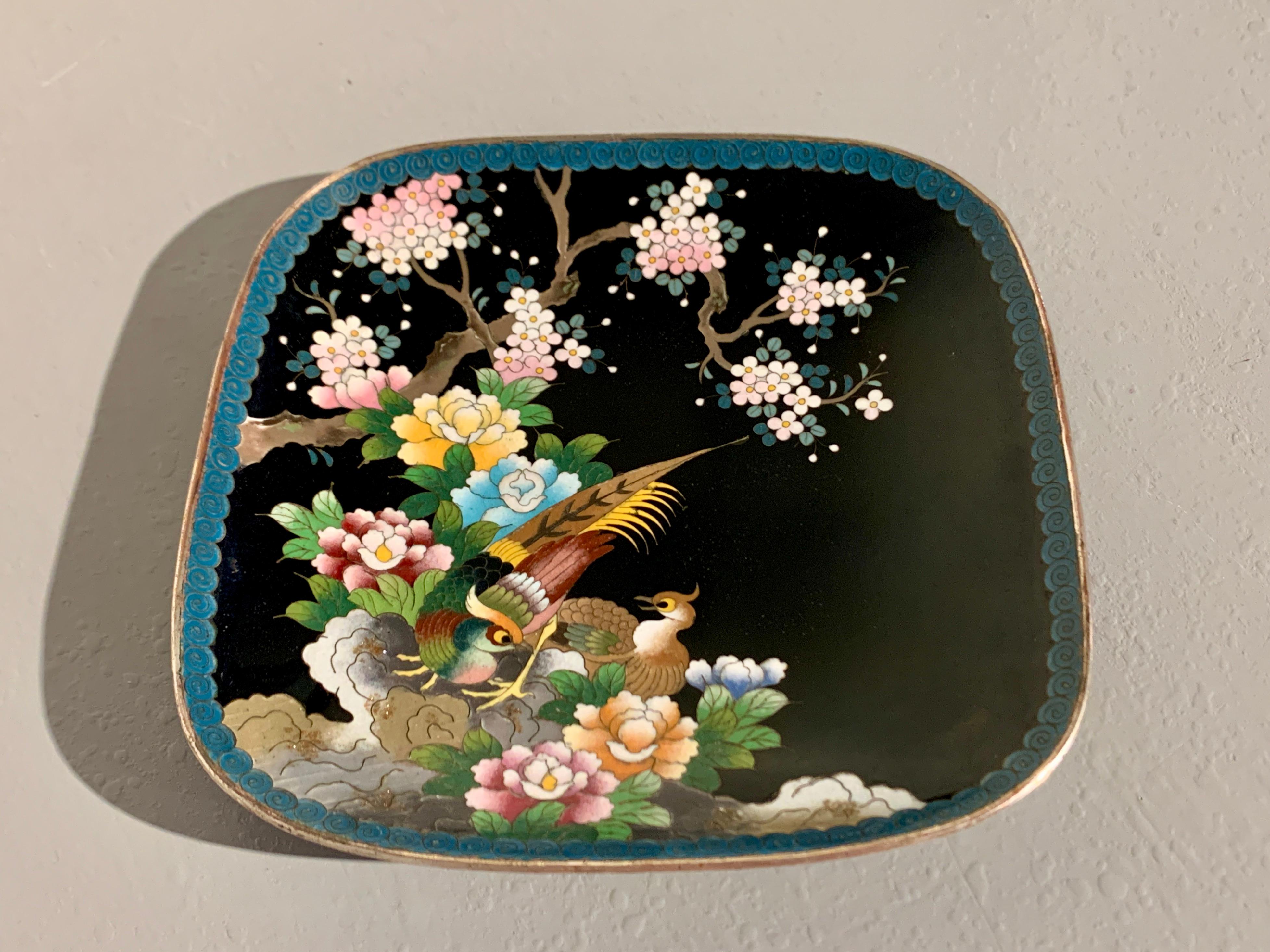 Japanese Inaba Black Ground Cloisonne Enamel Square Dish, Meiji Period, Japan In Good Condition In Austin, TX