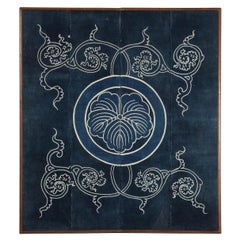 Japanese Indigo Panel with Crest Motif in Wooden Frame
