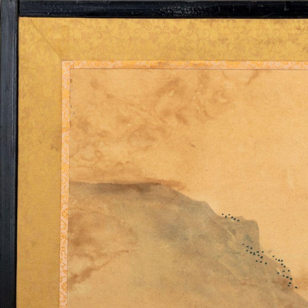 Japanese Four-Panel Floor Screen, Ink and Watercolor on Paper, mounted on board, depicting mountainous landscape scene with seaside village. Panel: 55.25