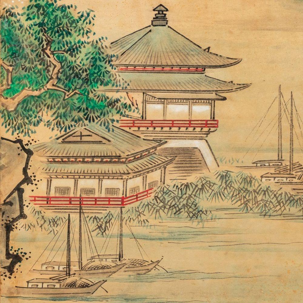 Meiji Japanese Ink and Watercolor 4-Panel Floor Screen For Sale