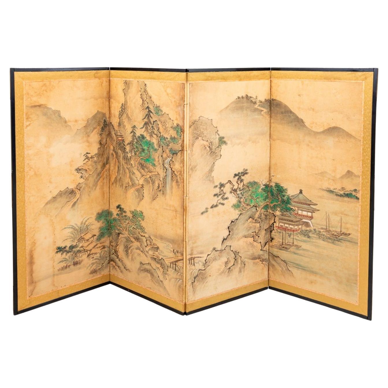 Japanese Ink and Watercolor 4-Panel Floor Screen For Sale