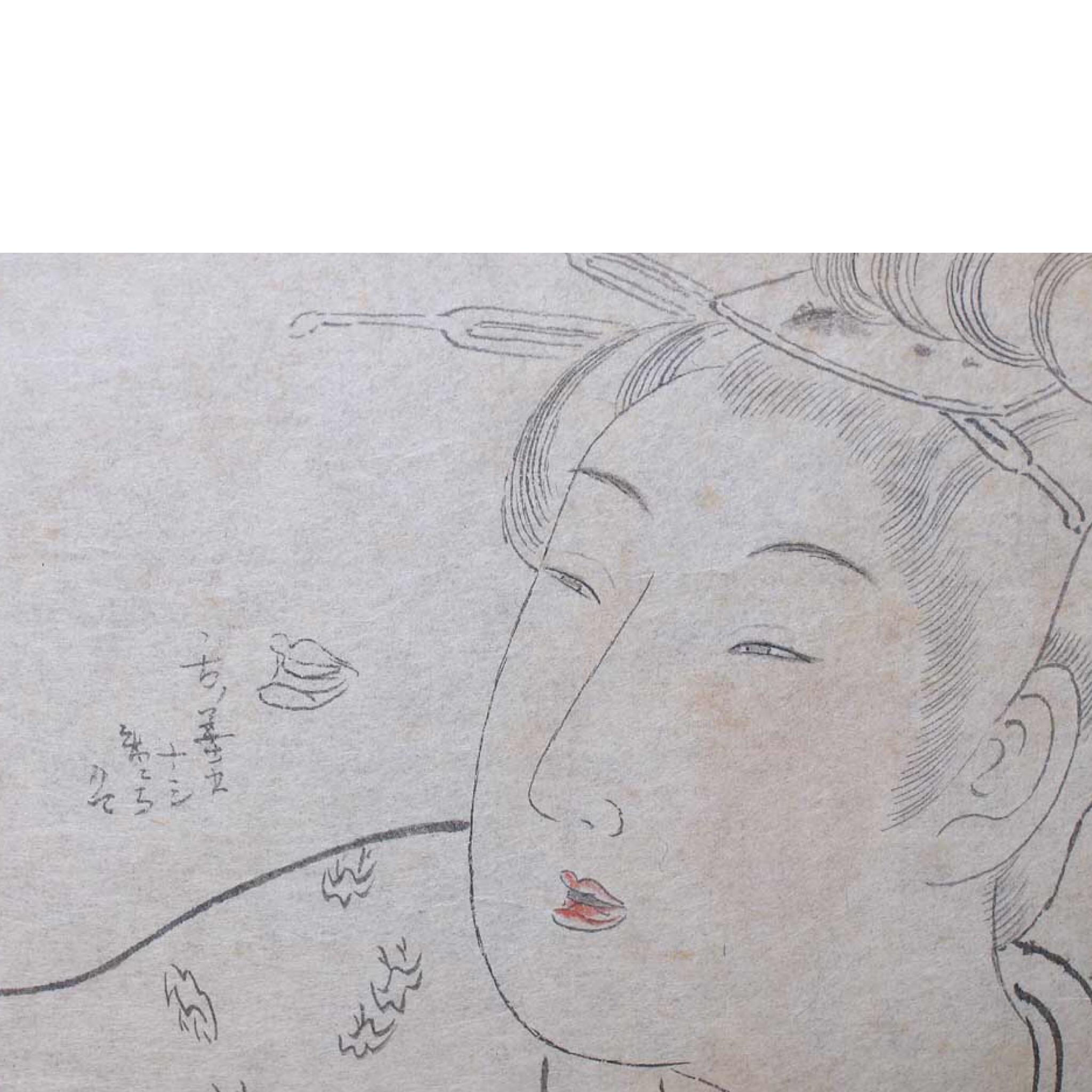 Hand-Painted Japanese Ink on Paper Wood Block Shunga Artist’s Color and Pattern Illustration For Sale