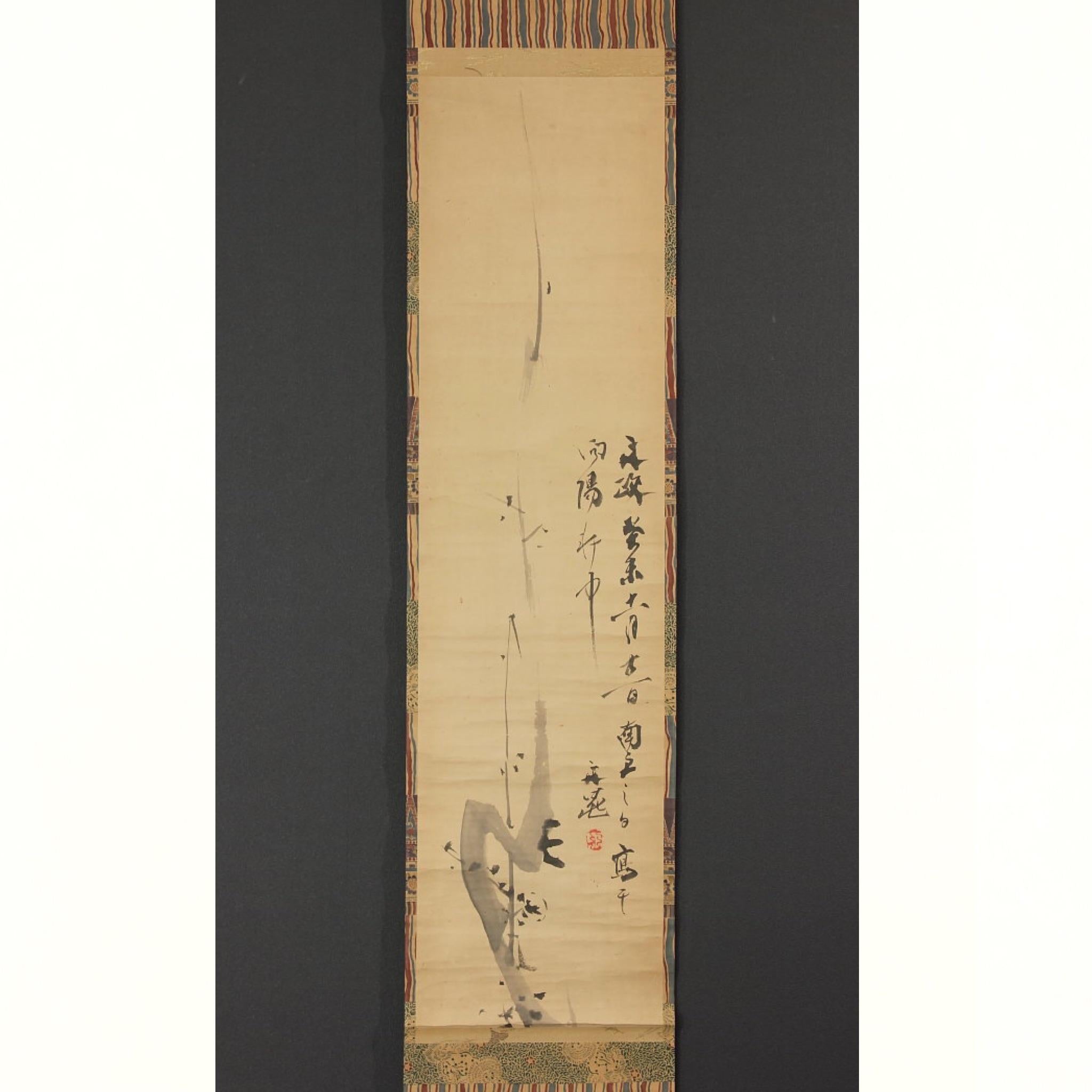 Japanese ink on paper painting of Plum Blossoms and Poem, scroll mounting, signature & single seal: Tani Buncho (1763 - 1840). A famous and prolific literati (bunjin) painter and poet, who focused largely on Chinese inspired landscapes. He spent