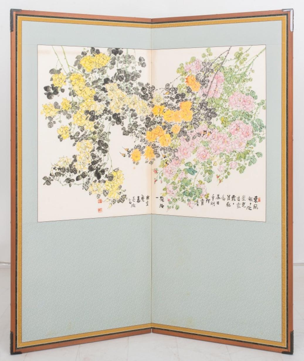 Japanese ink paintings mounted as two two-panel screens, one with images of spring flowers and calligraphic inscriptions, the other with images of summer flowers and calligraphic inscription. Small tear to image.

Dimensions: Each: 49.5