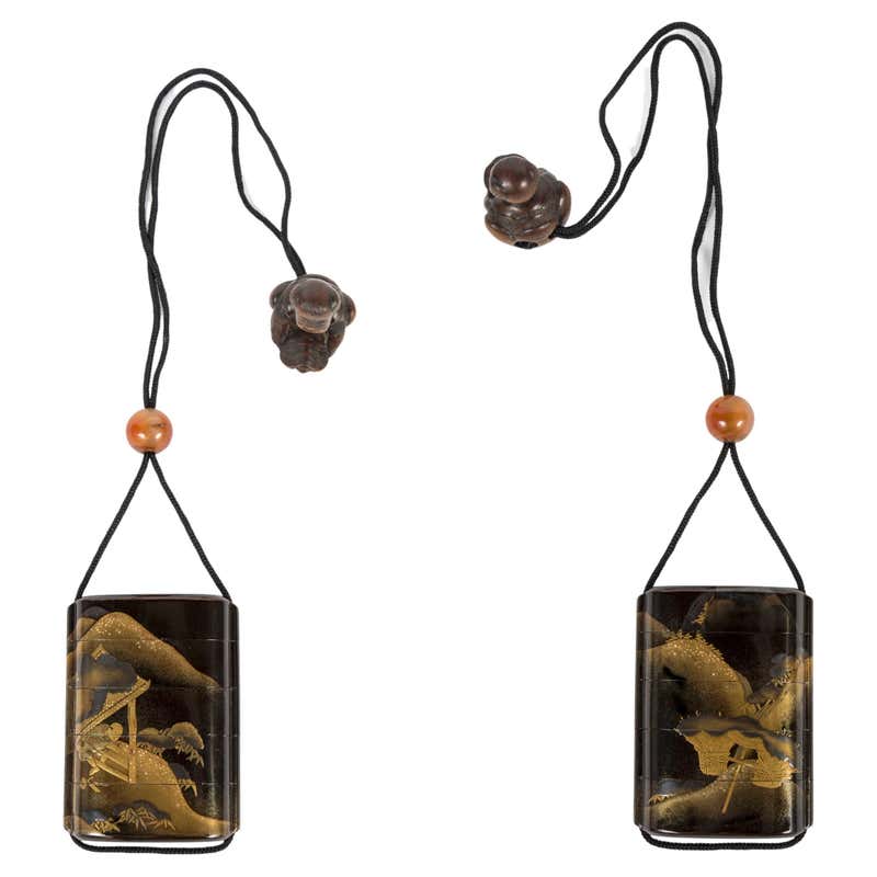 Japanese inro of the edo period adorned with a landscape houses near a ...