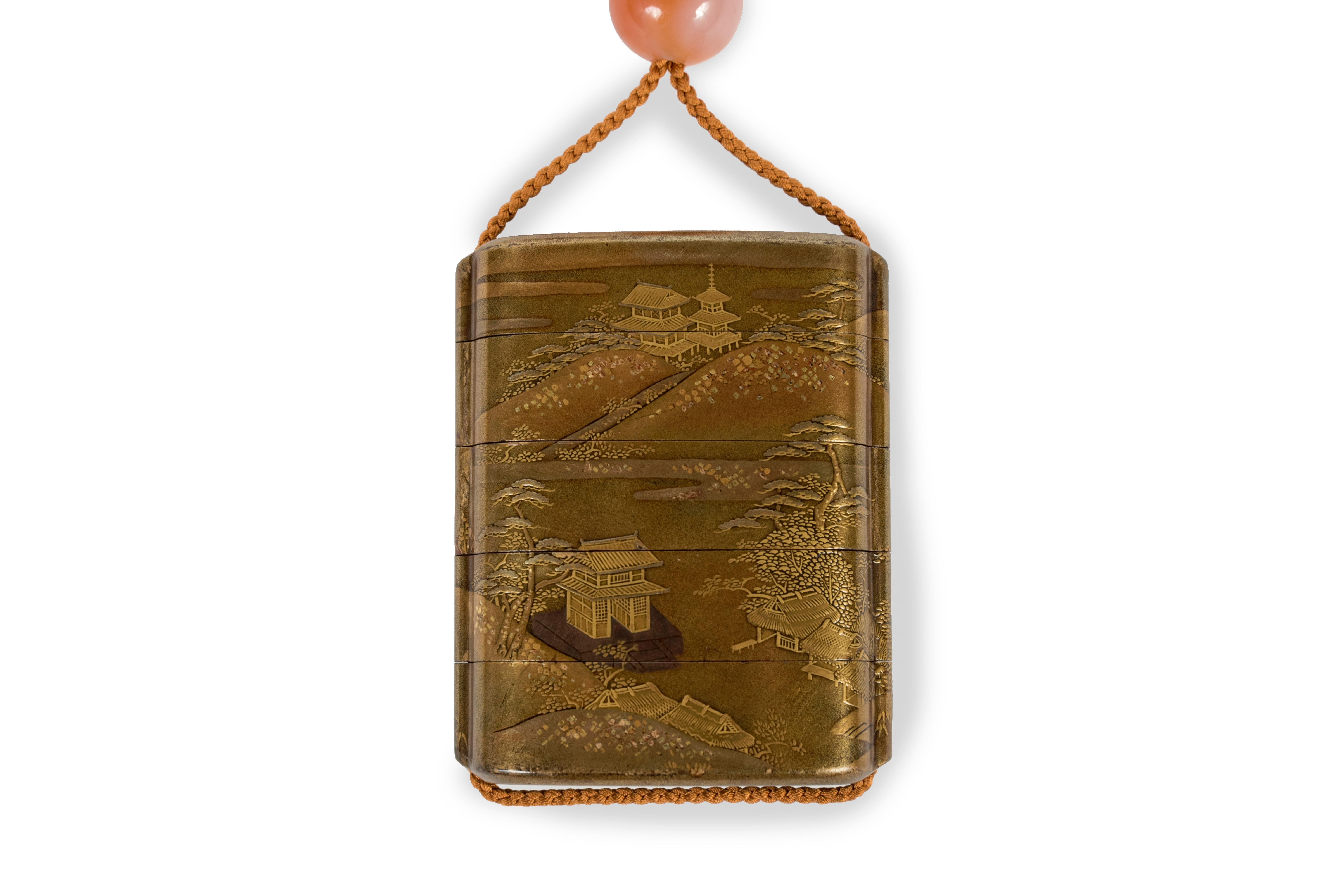 Edo Japanese inro of the edo period adorned with a landscape houses near a lake For Sale