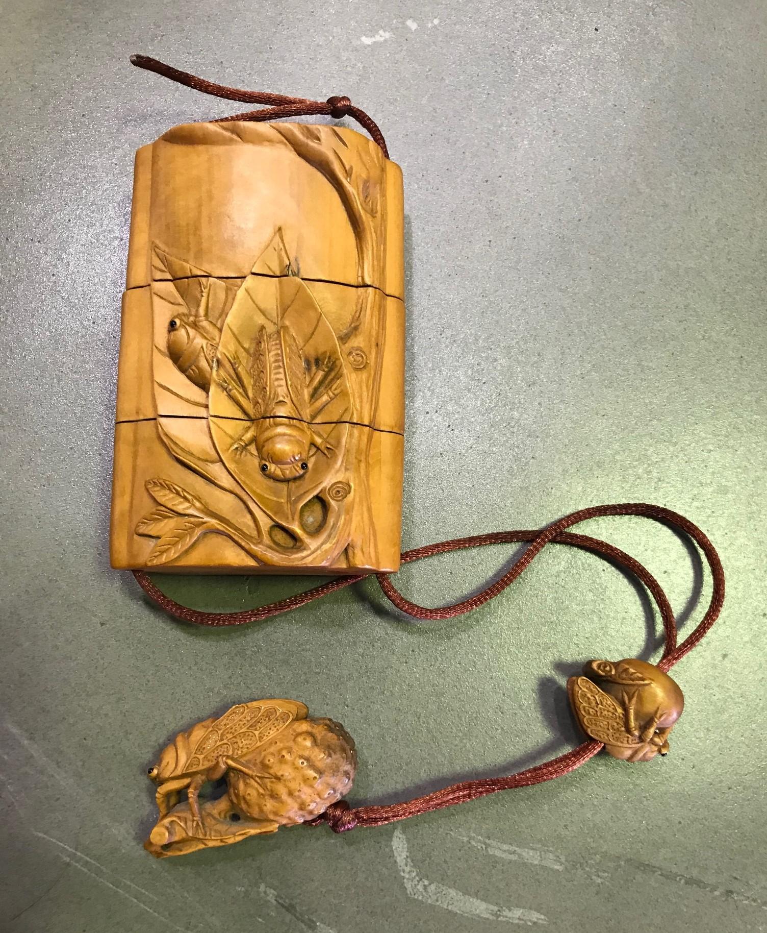 Hand-Carved Japanese Inro Three-Part Box with Insect & Lychee Design with Netsuke and Ojime