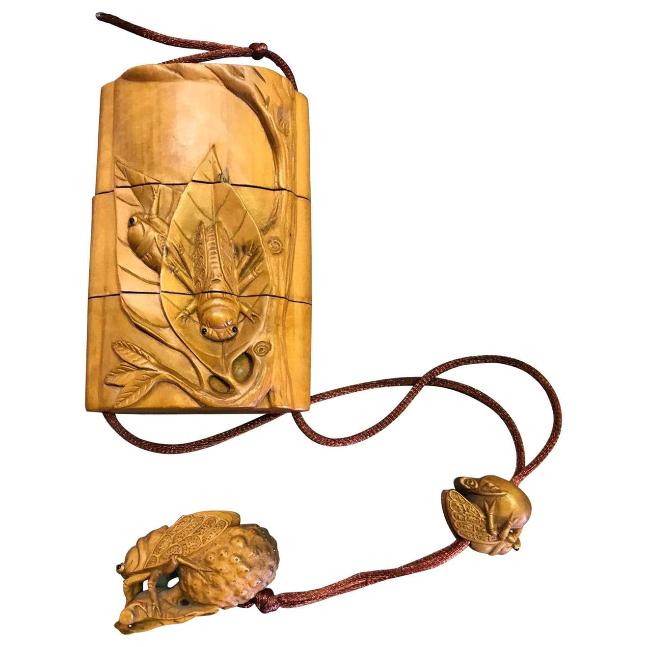 Japanese Inro Three-Part Box with Insect and Lychee Design with Netsuke ...