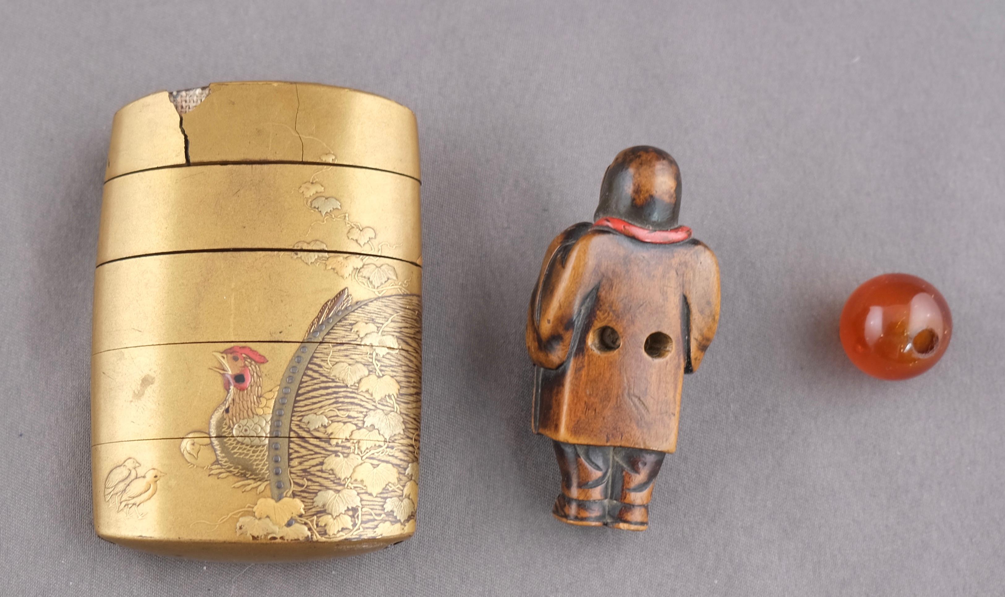 Hand-Carved Japanese Inro with Netsuke, Late 19th C For Sale