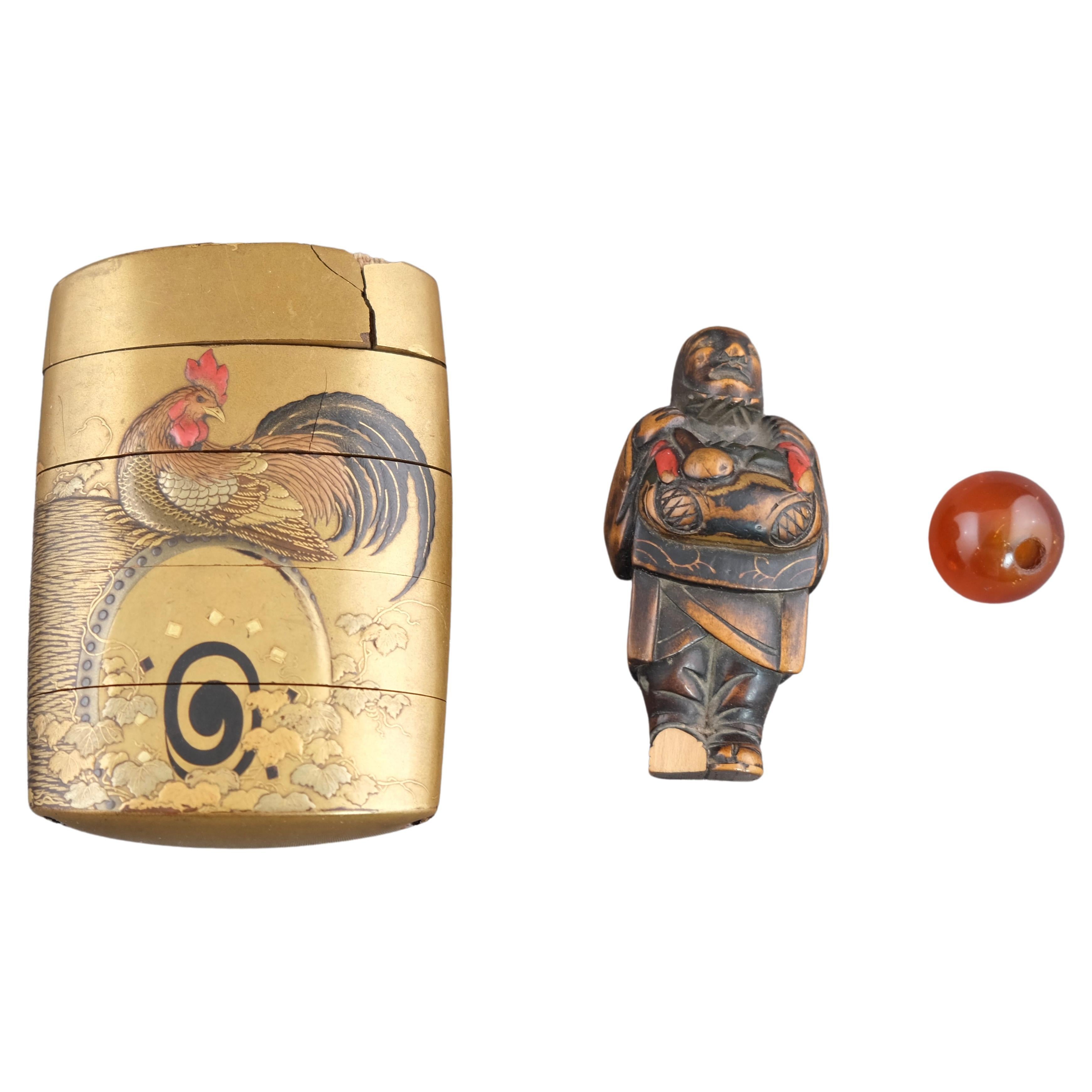 Japanese Inro with Netsuke, Late 19th C For Sale