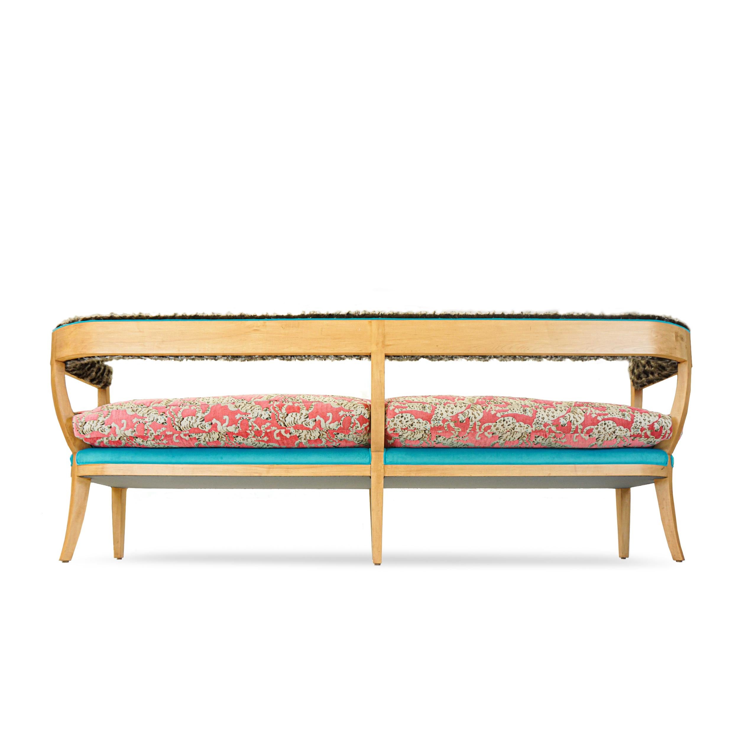 Velvet Japanese Inspired Bench with Wild Cat Print and Faux Fur For Sale