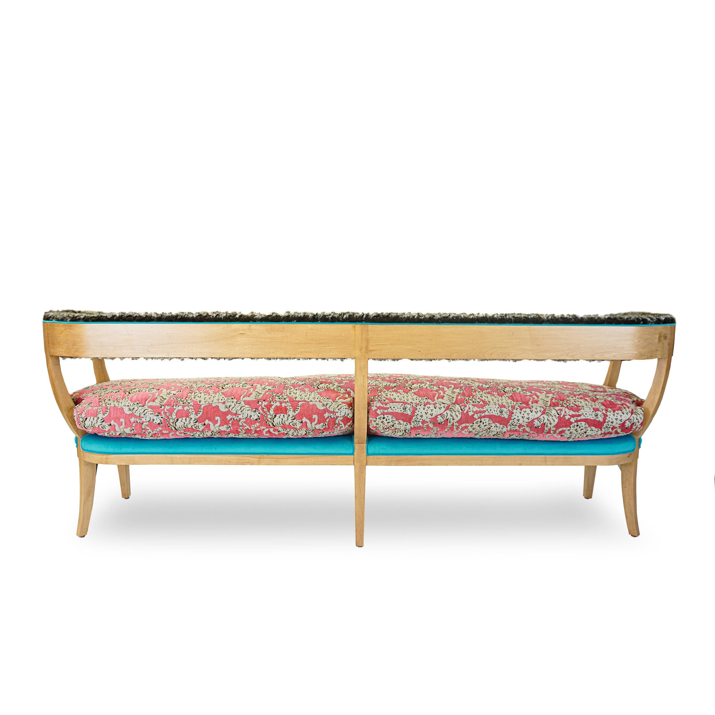 Japanese Inspired Bench with Wild Cat Print and Faux Fur For Sale 1