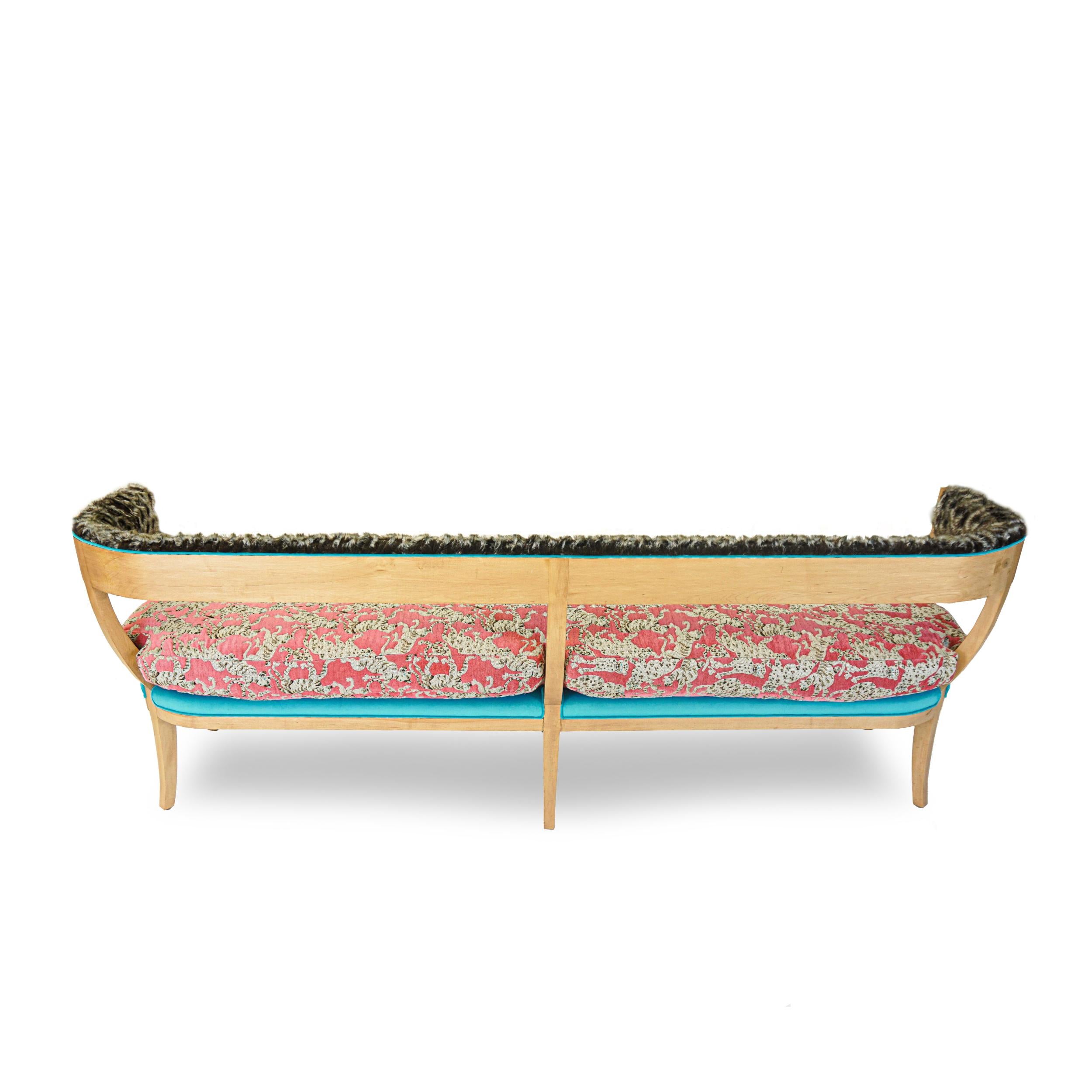 Japanese Inspired Bench with Wild Cat Print and Faux Fur For Sale 2