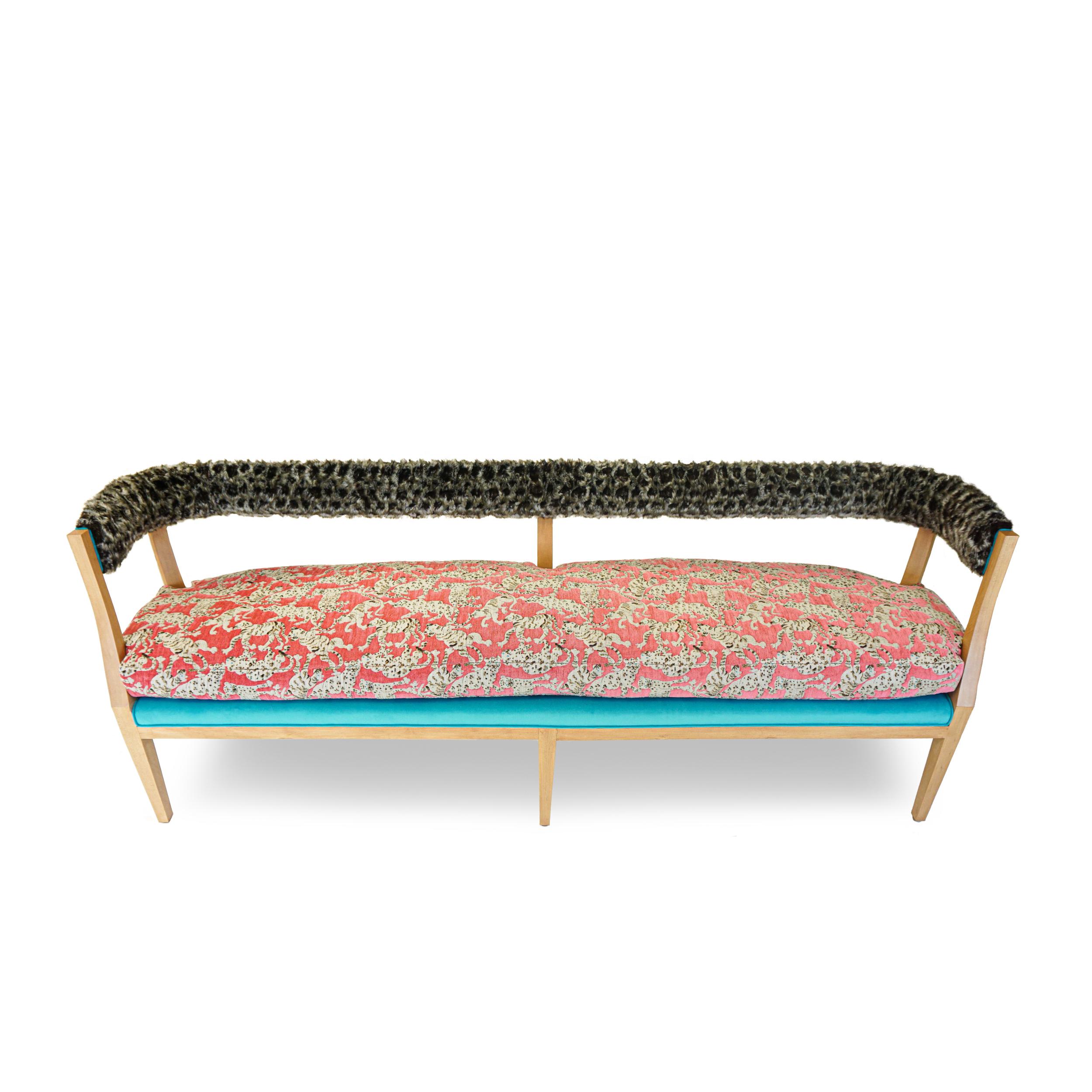 Modern Japanese Inspired Bench with Wild Cat Print and Faux Fur For Sale