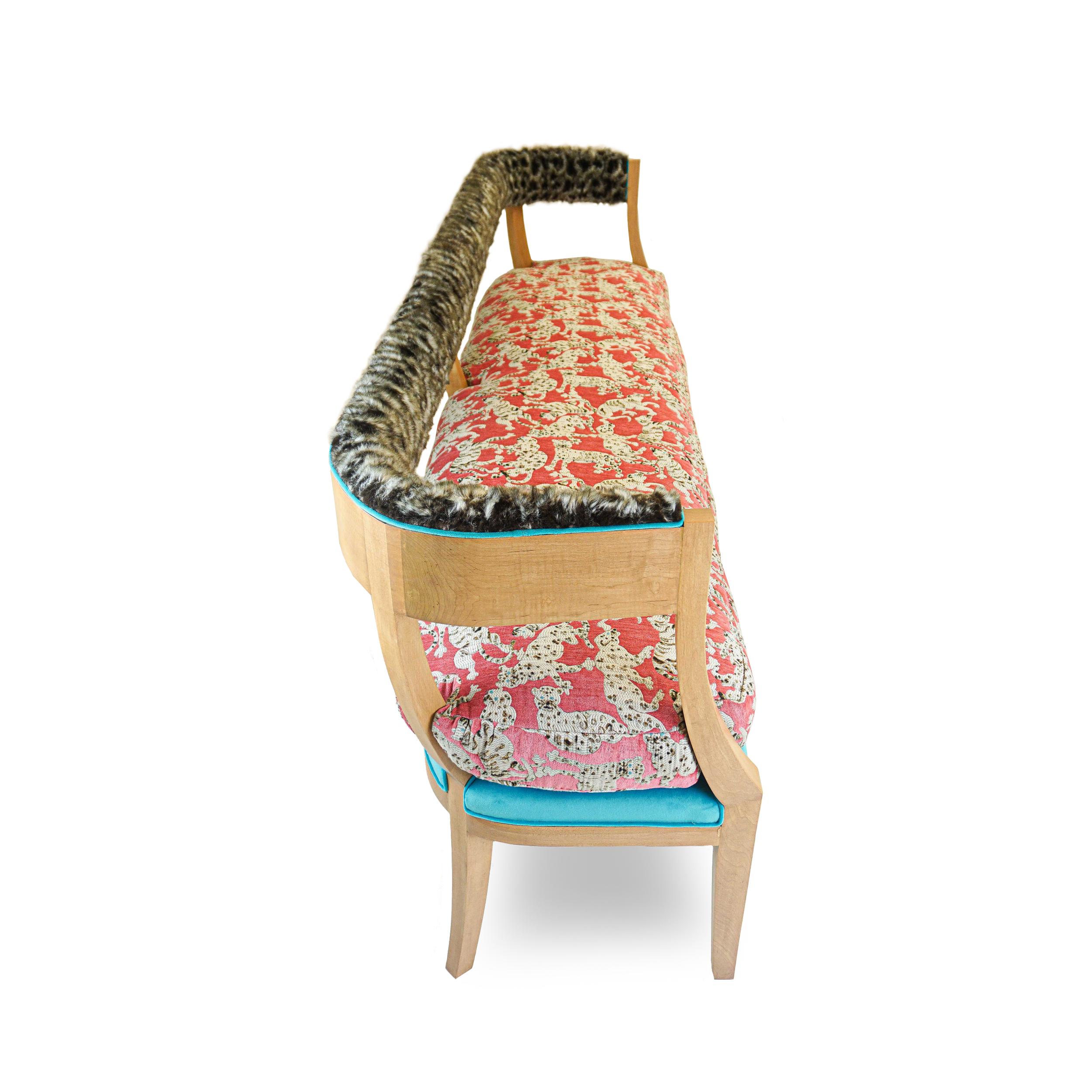 Contemporary Japanese Inspired Bench with Wild Cat Print and Faux Fur For Sale
