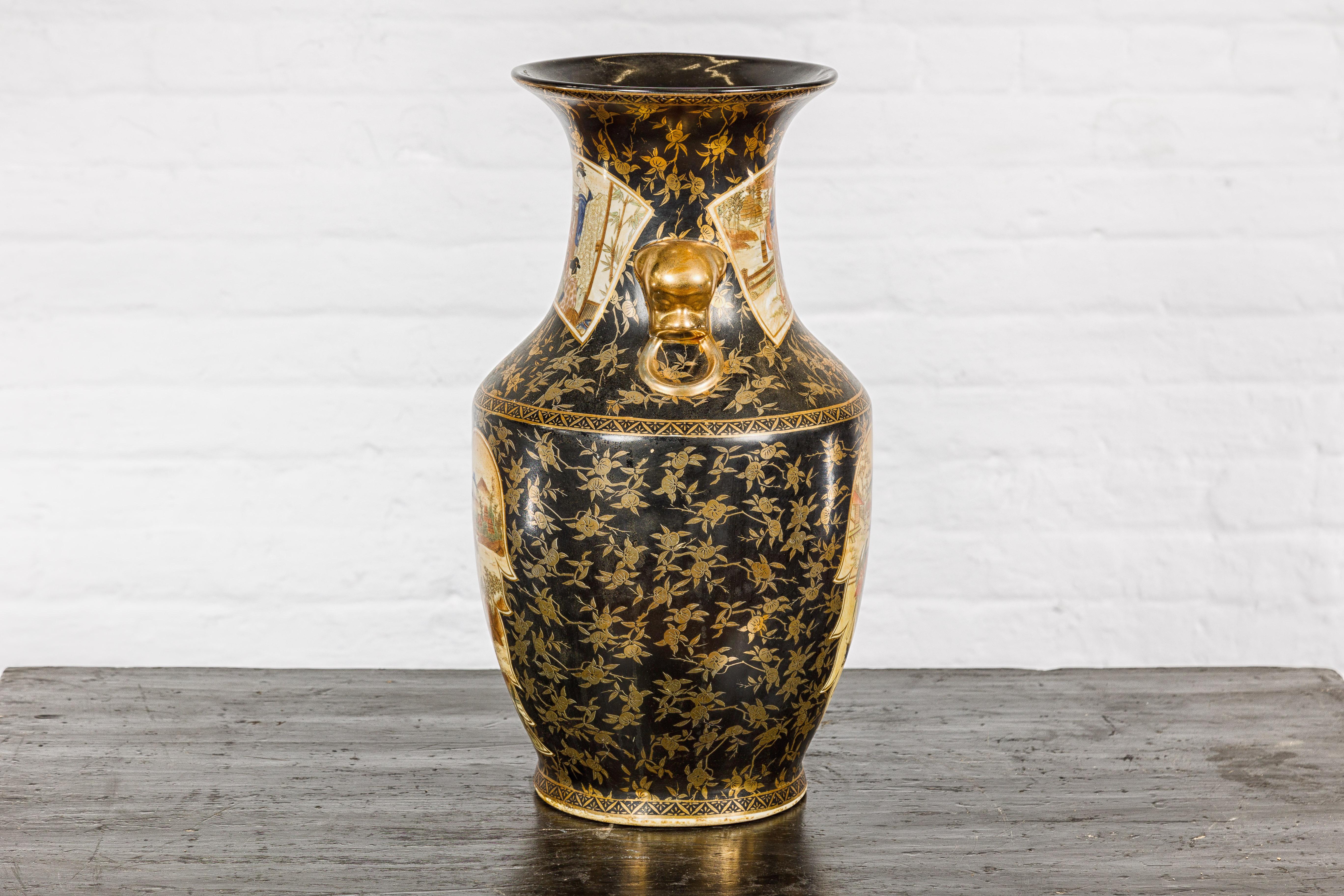 Japanese Inspired Black and Gold Vase with Family Scenes and Foo Dog Handles For Sale 3
