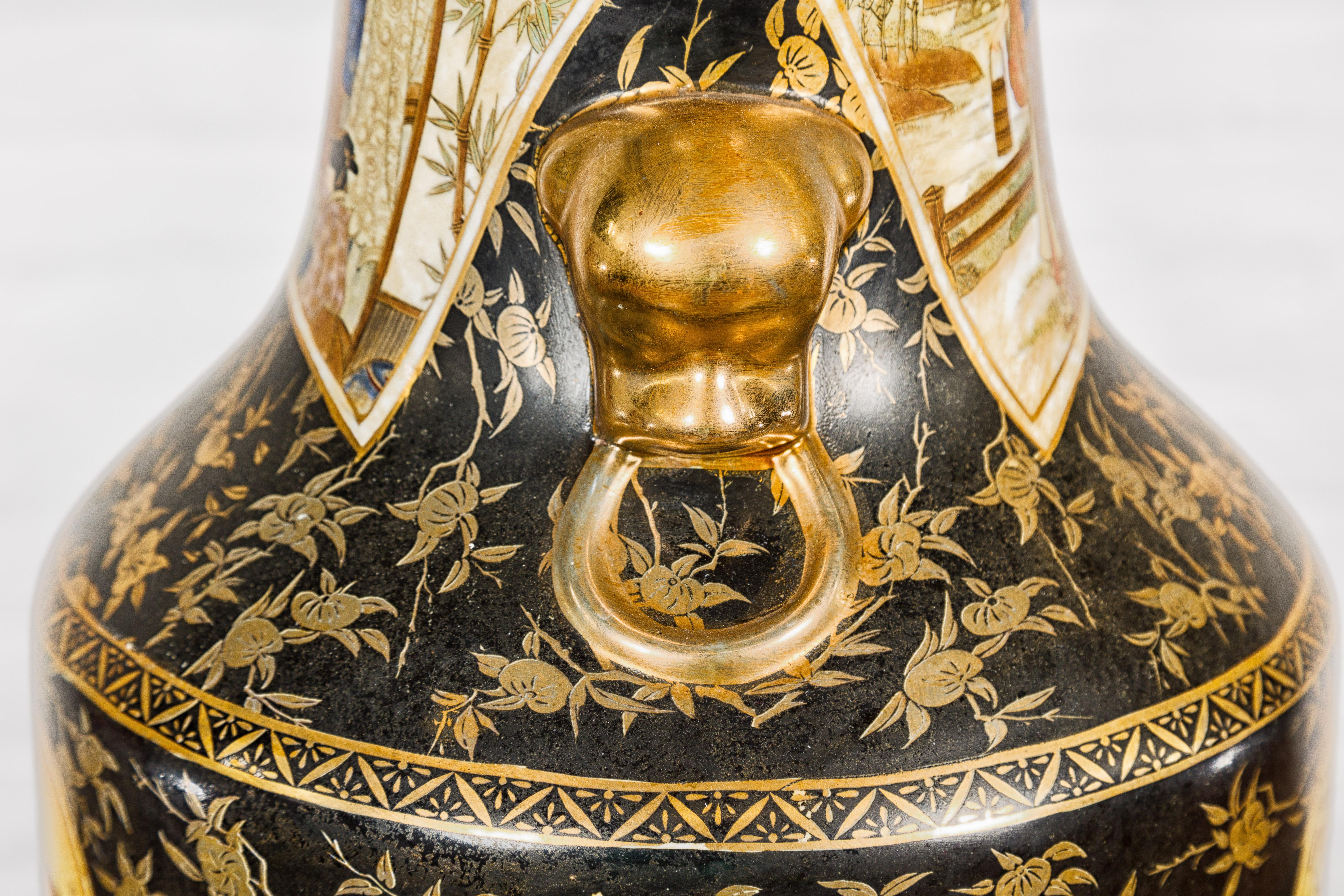 Japanese Inspired Black and Gold Vase with Family Scenes and Foo Dog Handles For Sale 4
