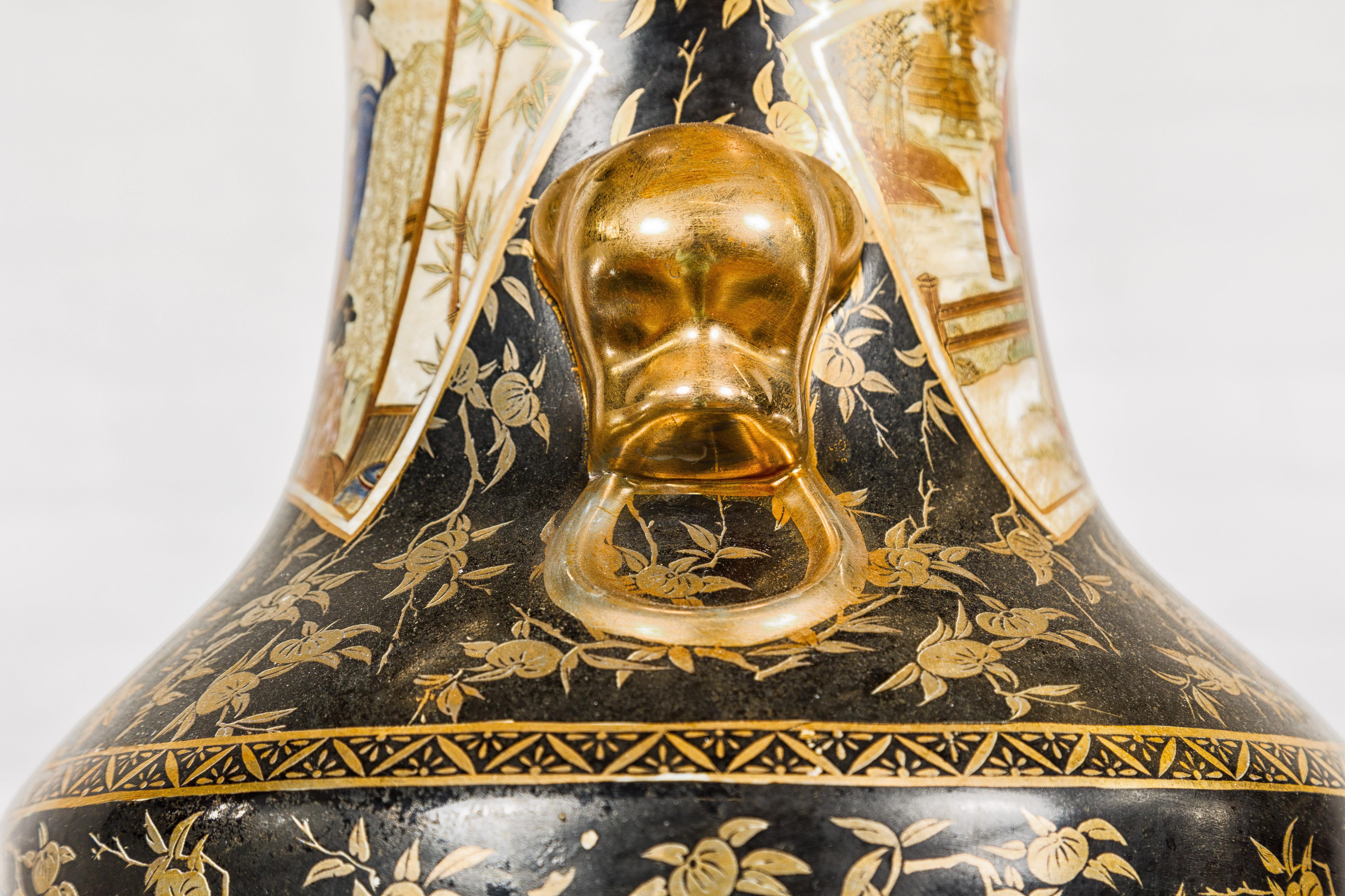 Japanese Inspired Black and Gold Vase with Family Scenes and Foo Dog Handles For Sale 5