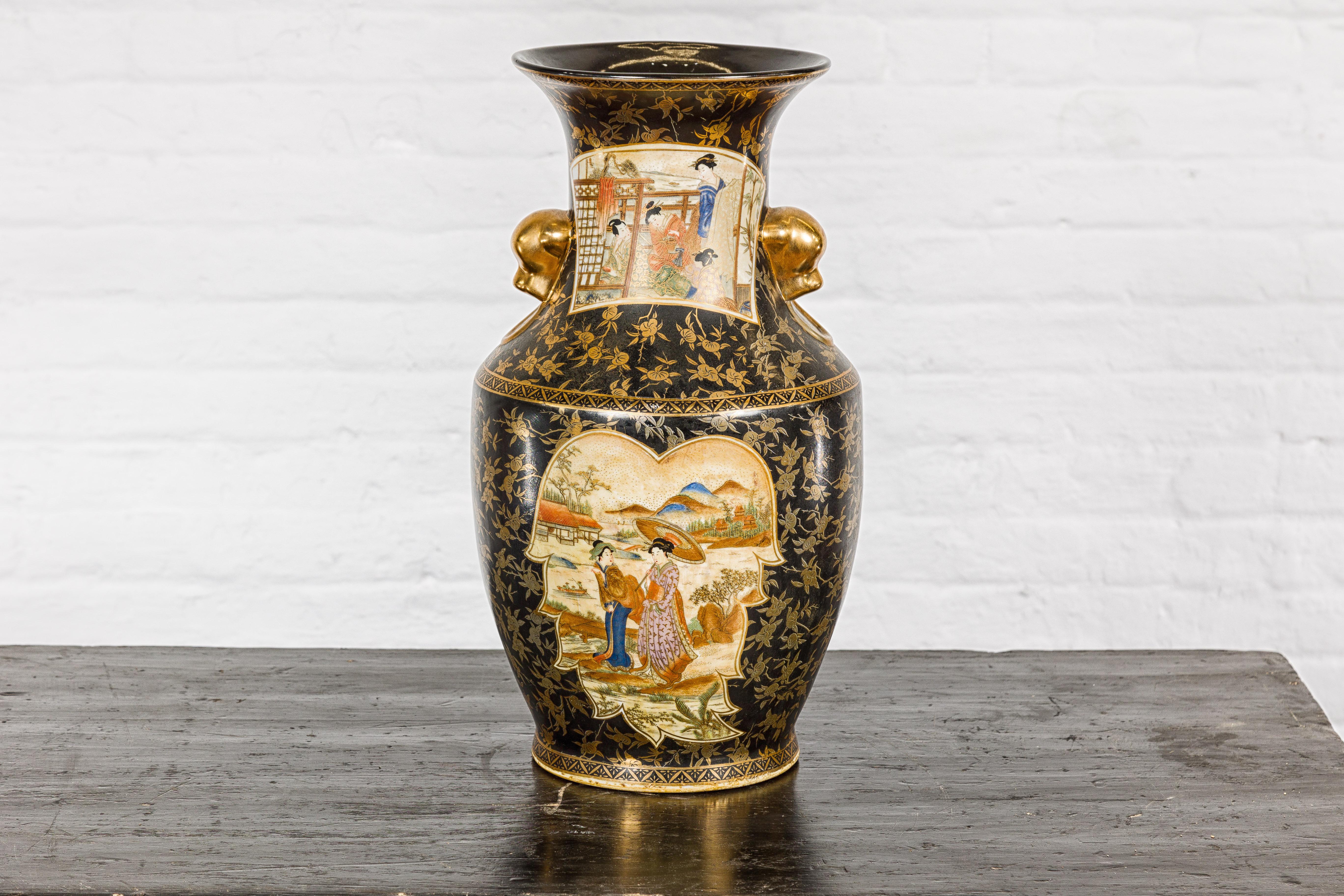 Japanese Inspired Black and Gold Vase with Family Scenes and Foo Dog Handles For Sale 6