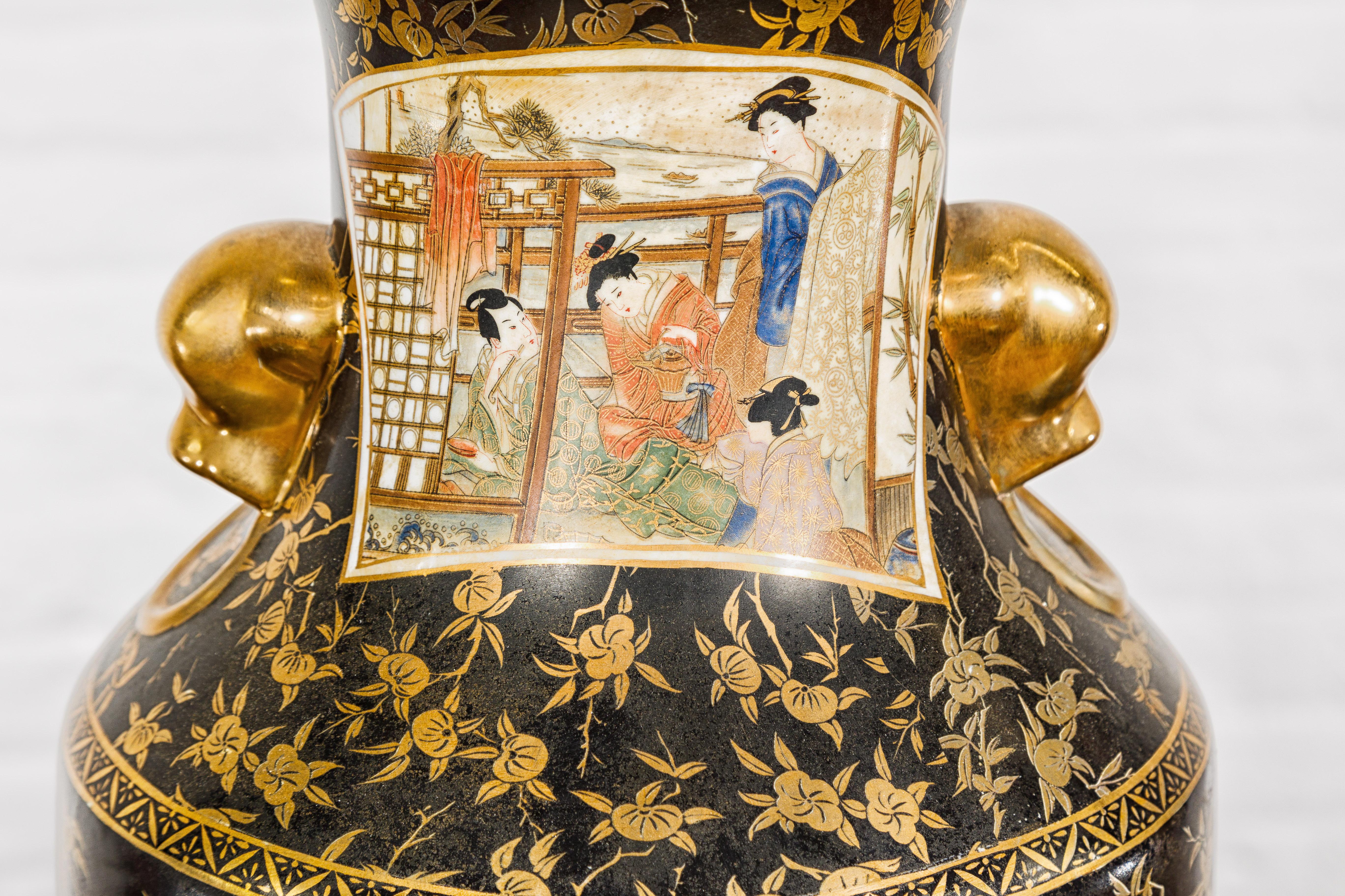 Japanese Inspired Black and Gold Vase with Family Scenes and Foo Dog Handles For Sale 7