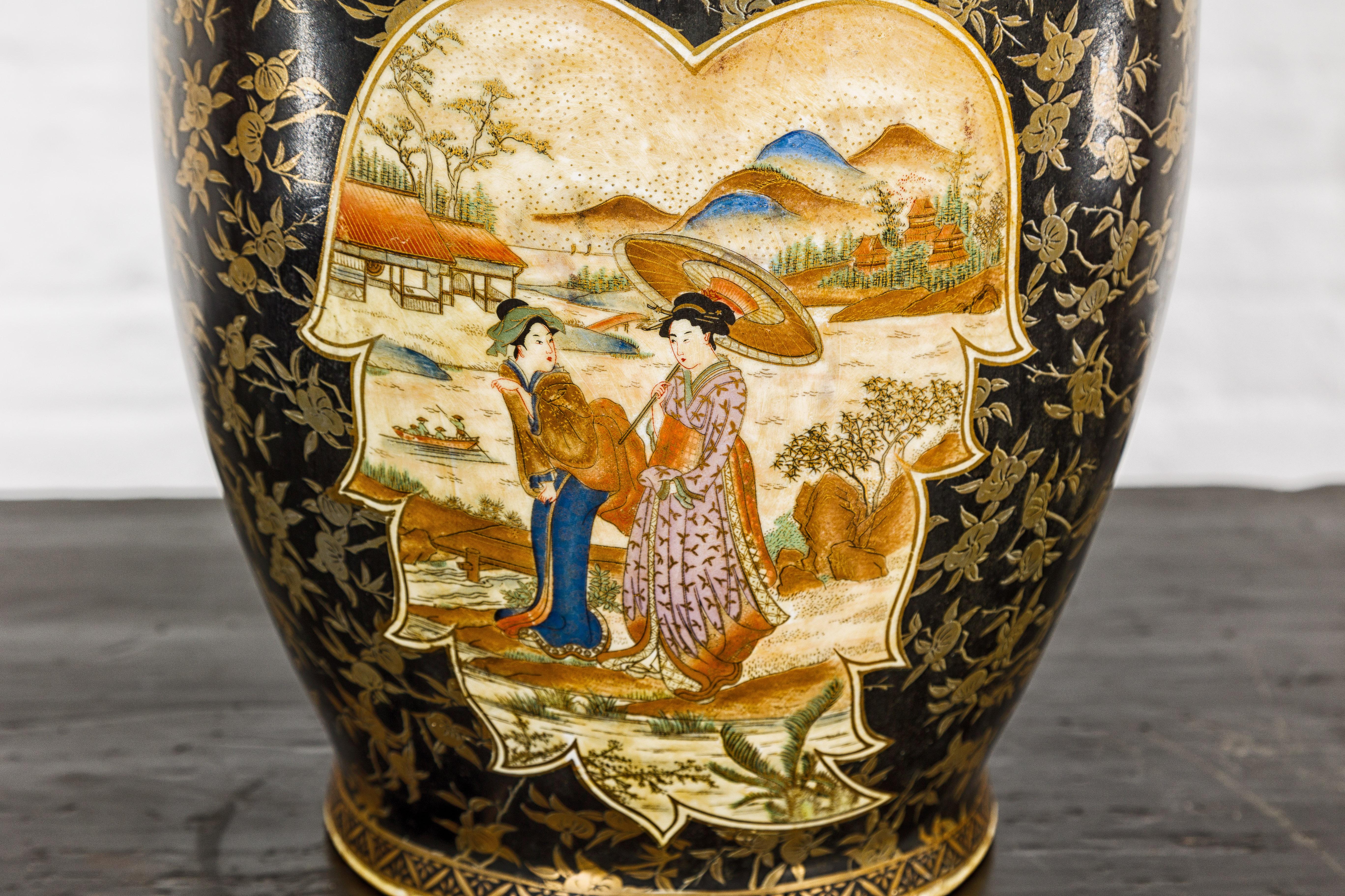 Japanese Inspired Black and Gold Vase with Family Scenes and Foo Dog Handles For Sale 8