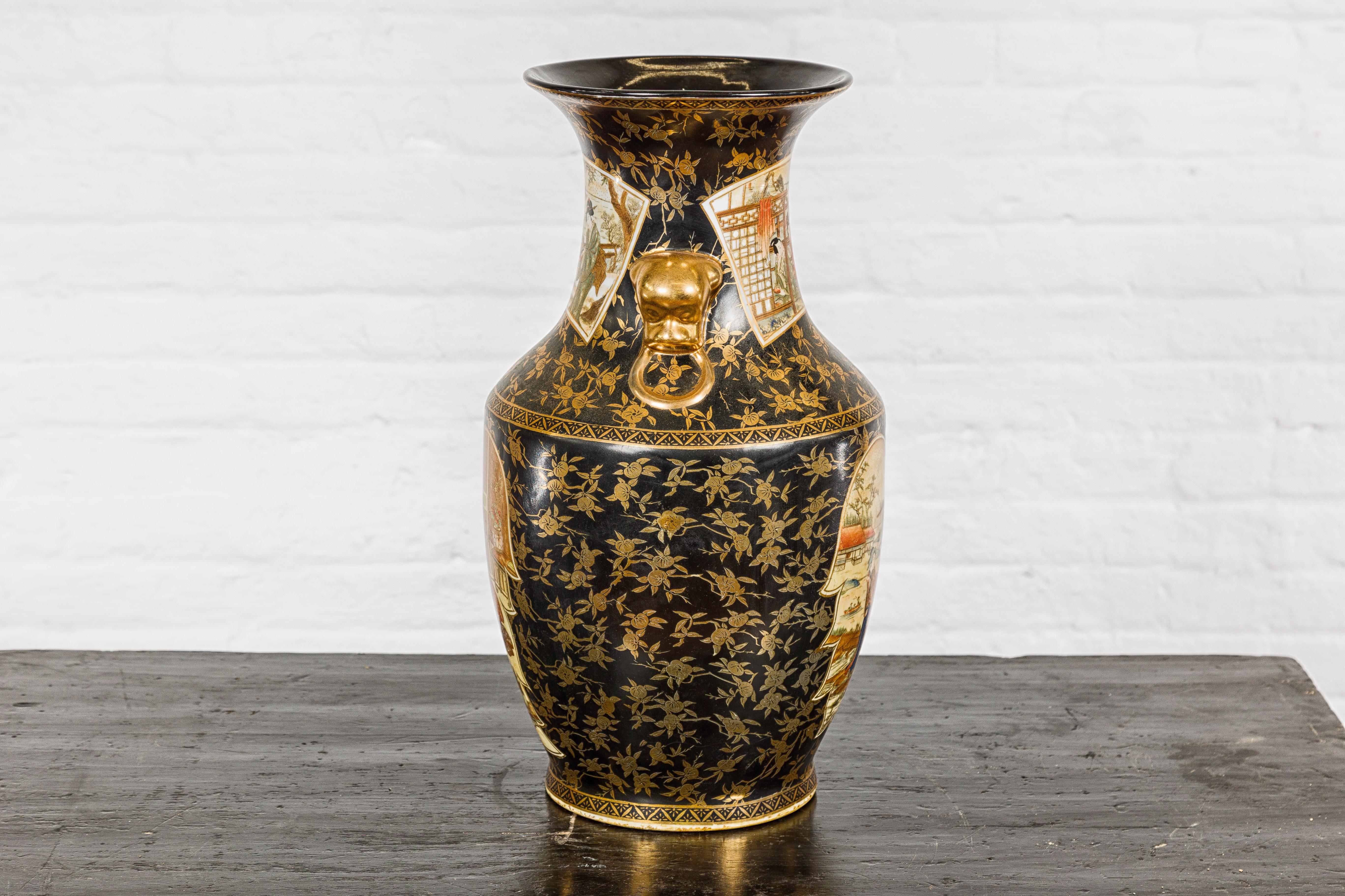 Japanese Inspired Black and Gold Vase with Family Scenes and Foo Dog Handles For Sale 10