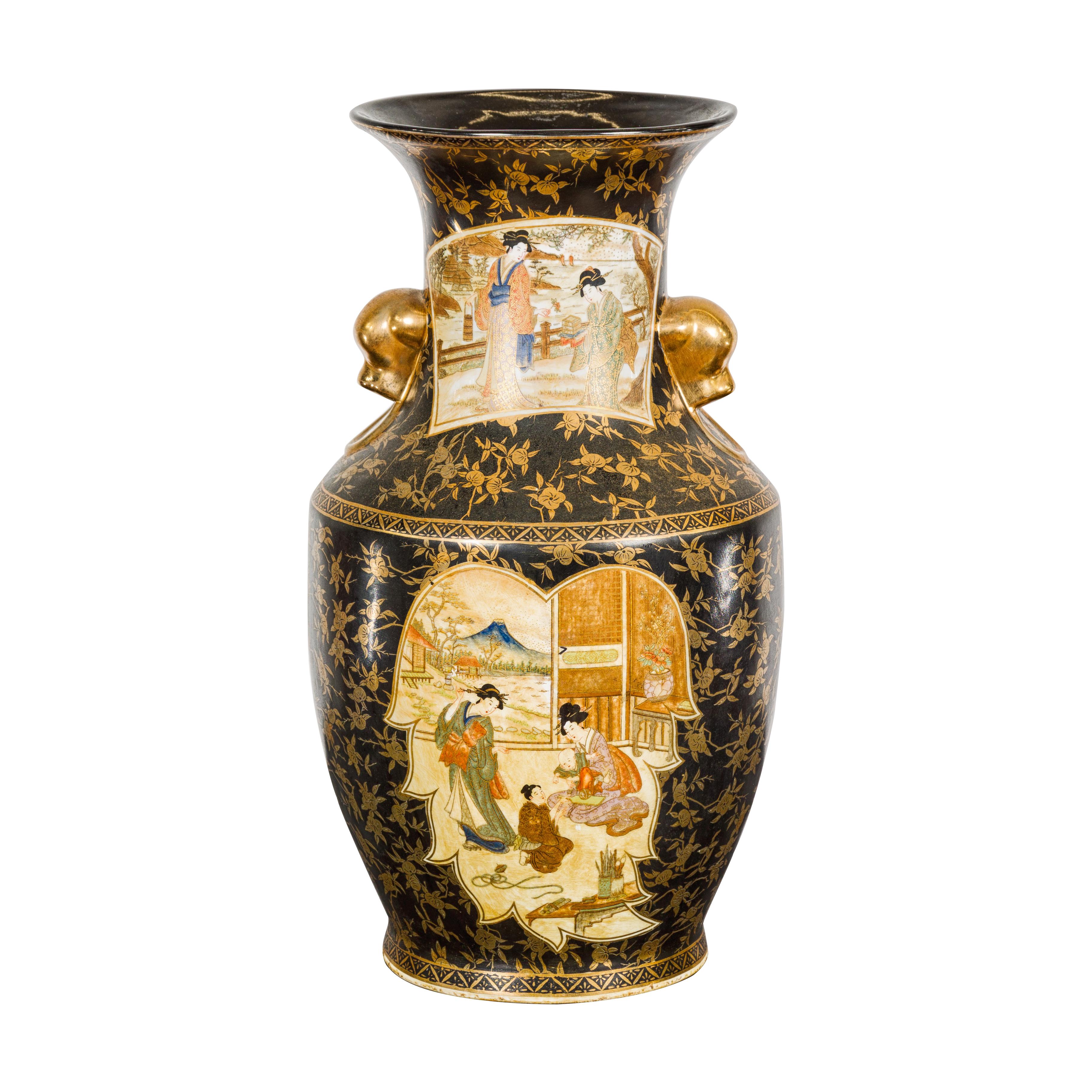 Japanese Inspired Black and Gold Vase with Family Scenes and Foo Dog Handles For Sale 13