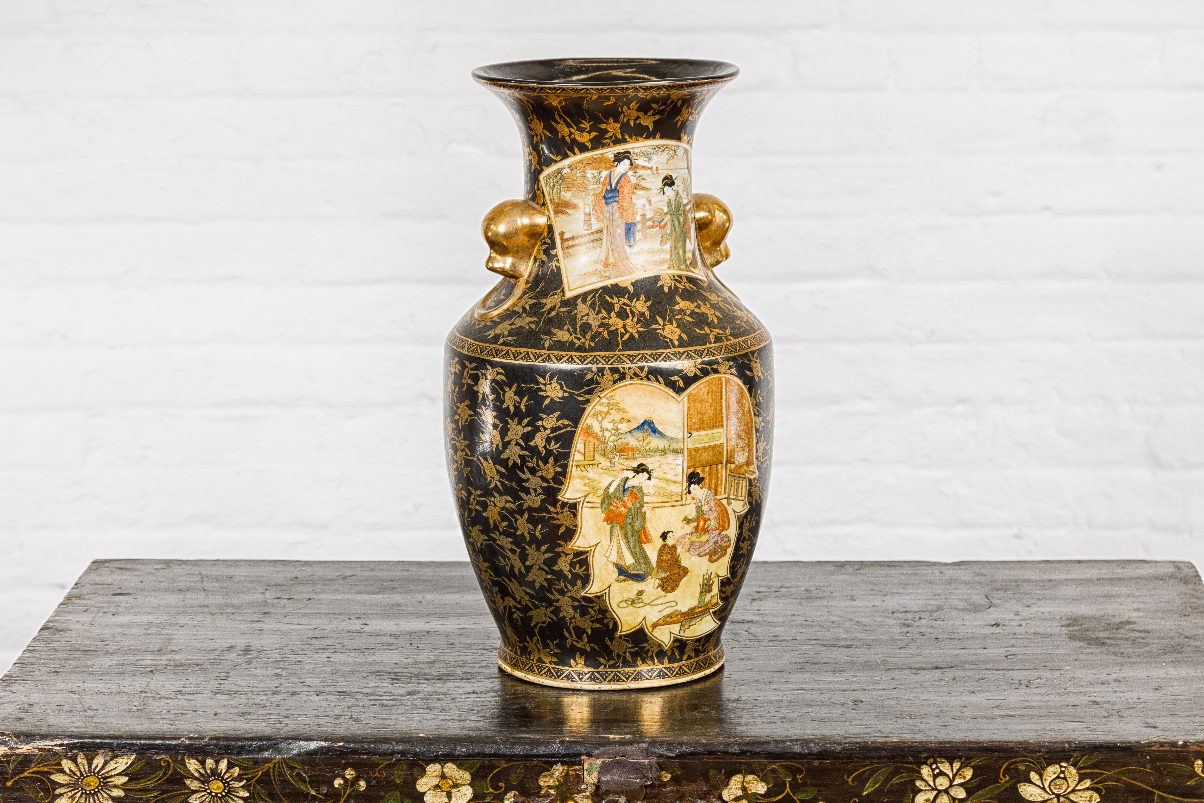 Japanese Inspired Black and Gold Vase with Family Scenes and Foo Dog Handles For Sale 2