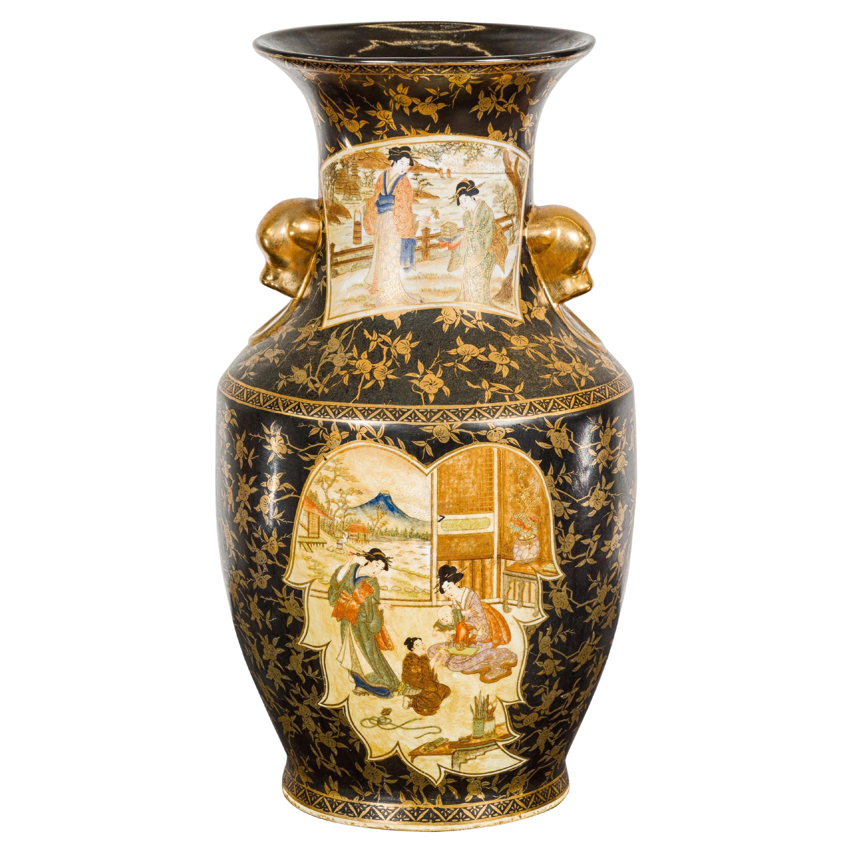 Japanese Inspired Black and Gold Vase with Family Scenes and Foo Dog Handles