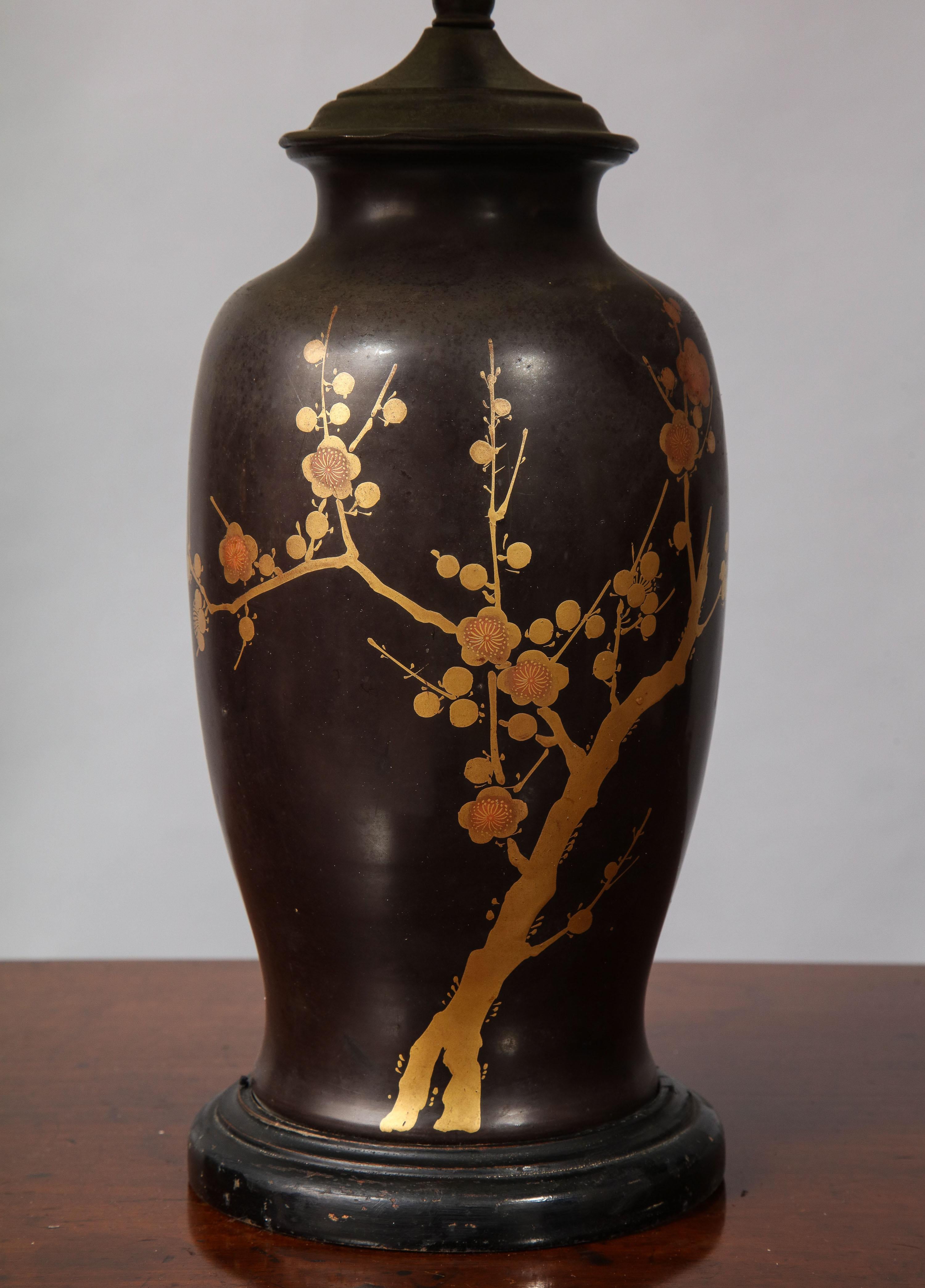 Fine late 19th Century bronze vase with gilt blossoming branch, either Japanese or European Aesthetic Movement, now as lamp.

