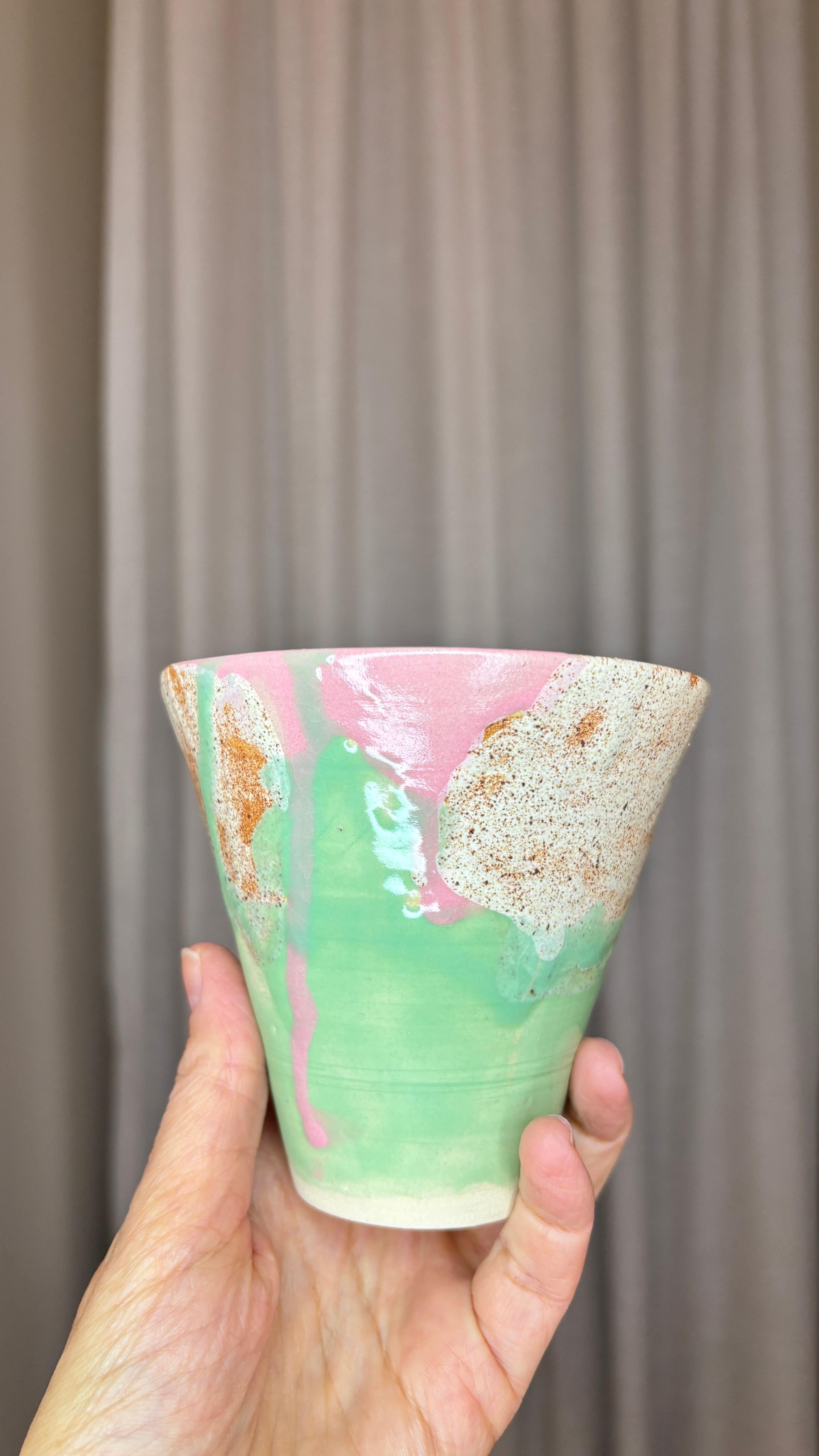 Contemporary Japanese Inspired Colourful in Green Pink and Beige Handmade Coffee Cup For Sale